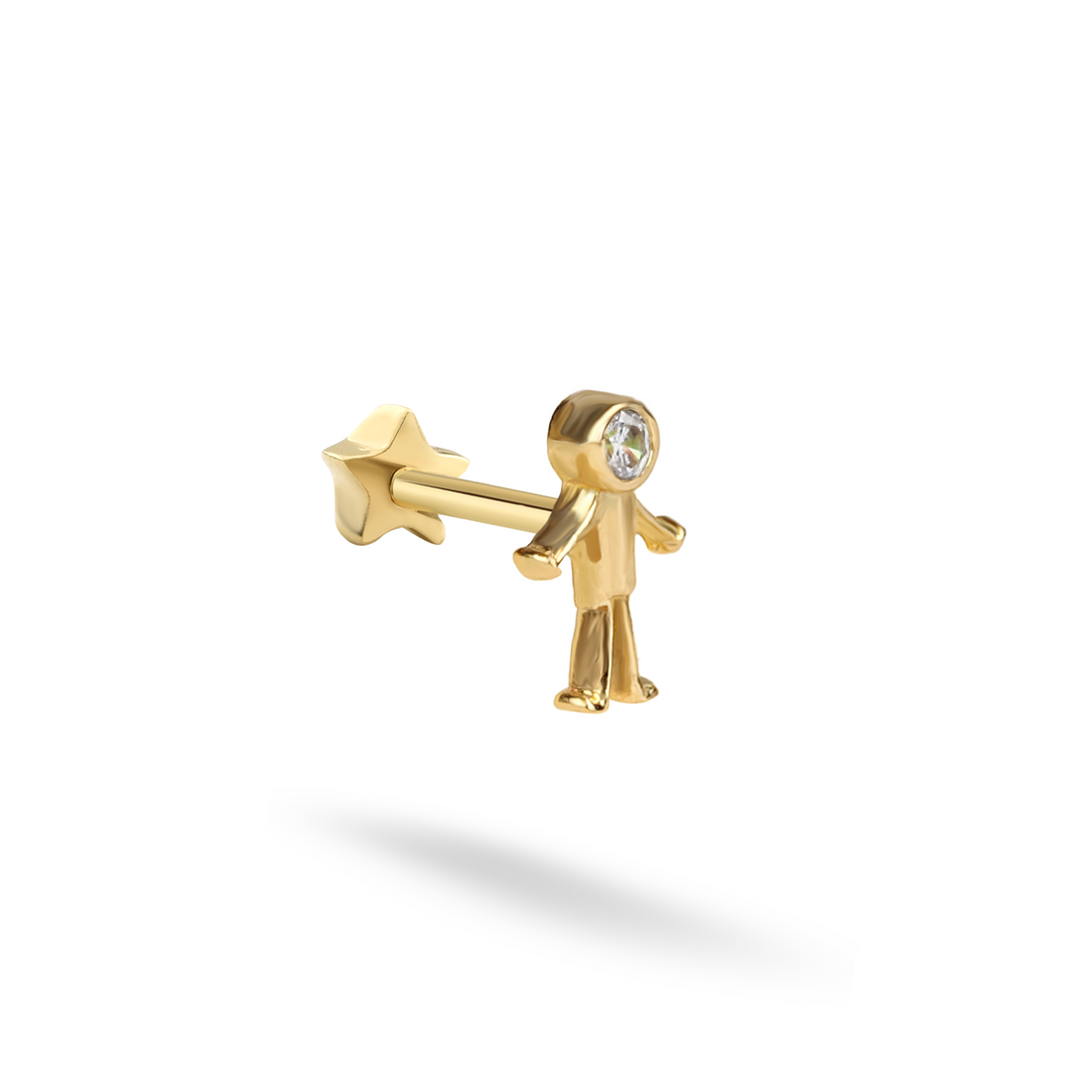 14K Gold Stickman Flatback Ear Piercing with CZ Stone