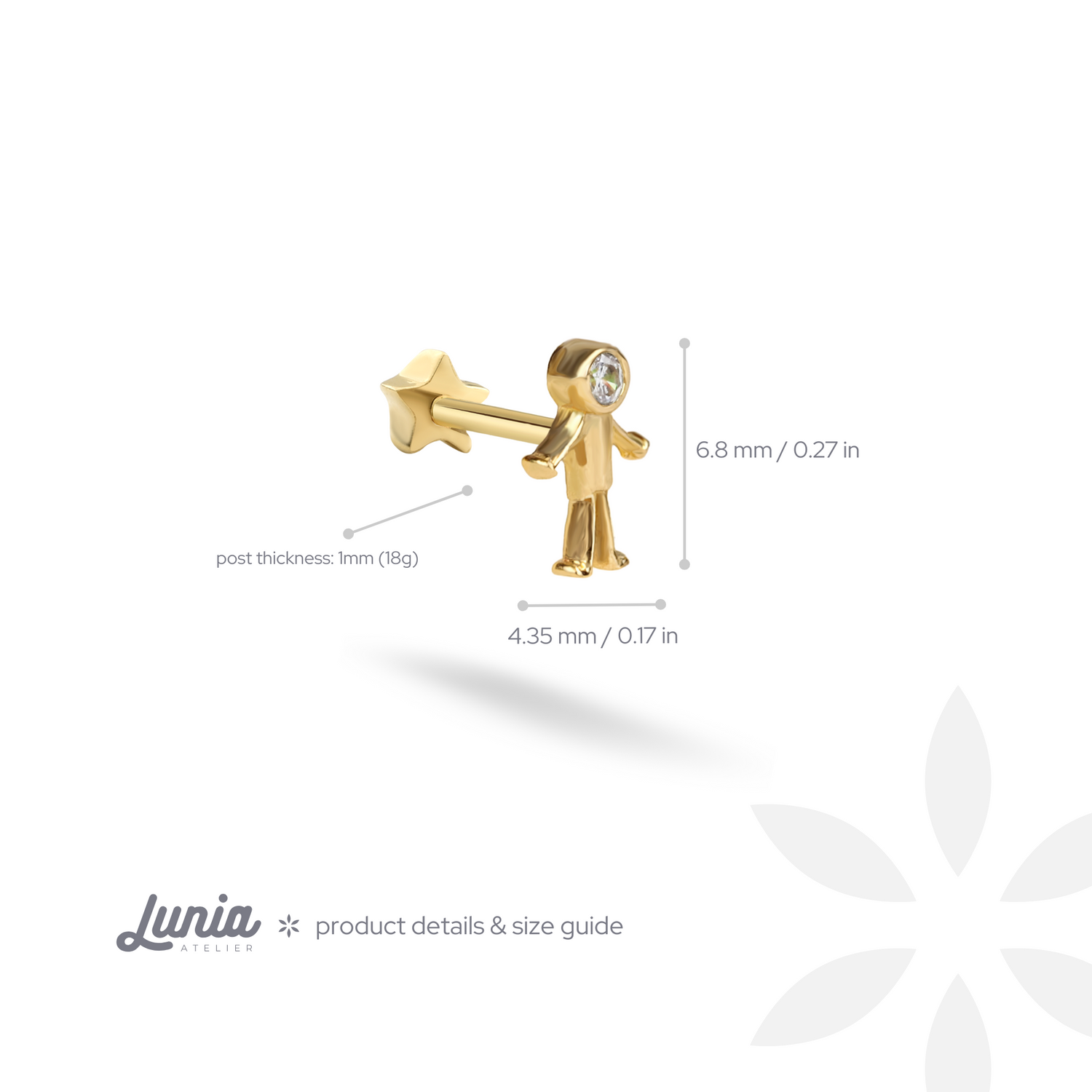 Stickman Flatback Ear Piercing 14K Gold with CZ Stone