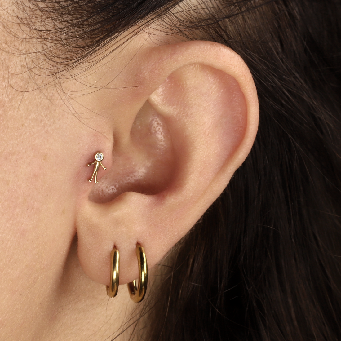 14K Gold Stickman Flatback Ear Piercing with CZ Stone