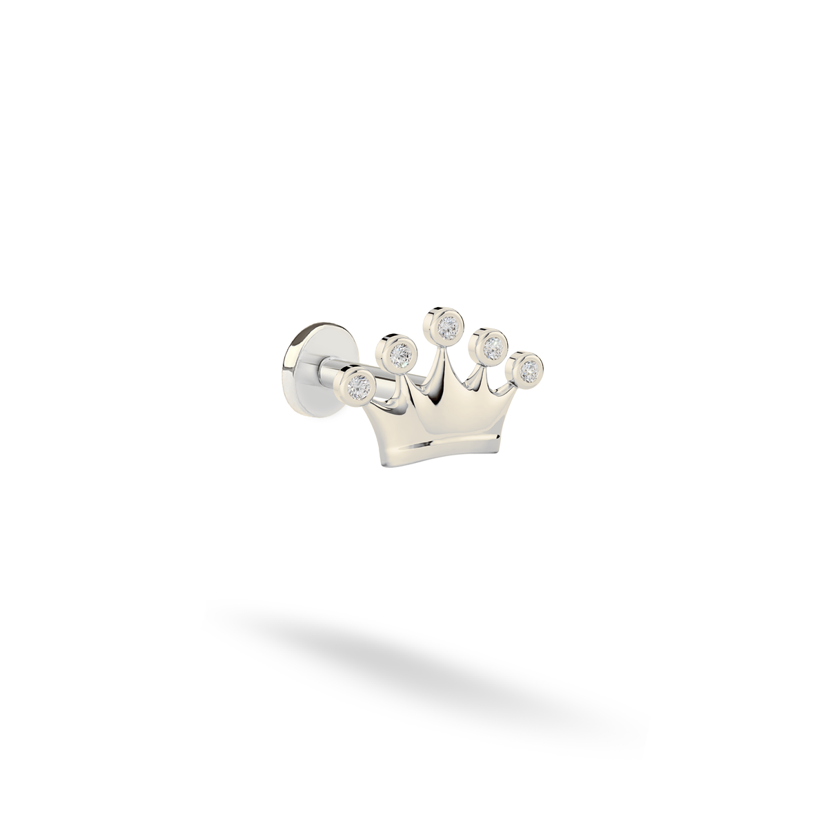 14K white gold gives the diamond crown piercing a cool, crisp frame against the opaque white studio ground.