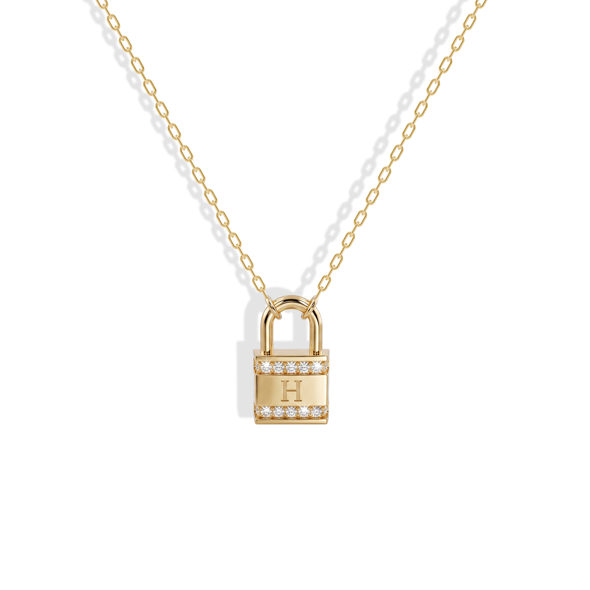 Front view of the Stone Lock Initial Letter Custom Diamond Necklace 14K Gold / Silver, stones set around a lettered padlock in yellow gold