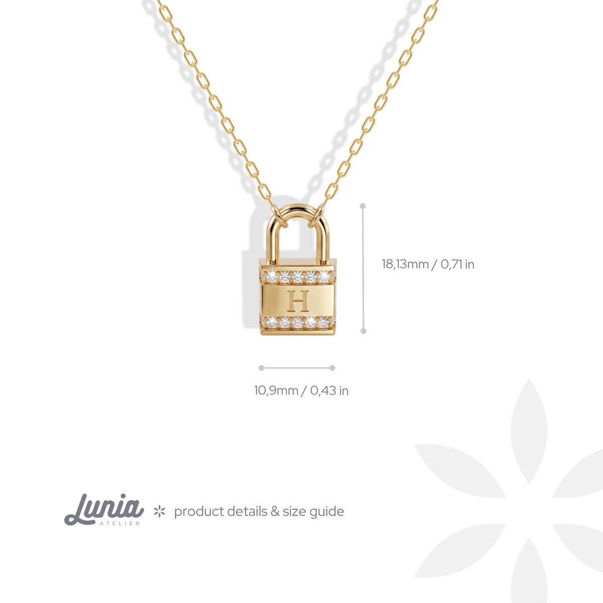 Measurement chart for the lettered padlock, 10.9 mm wide and 18.13 mm high