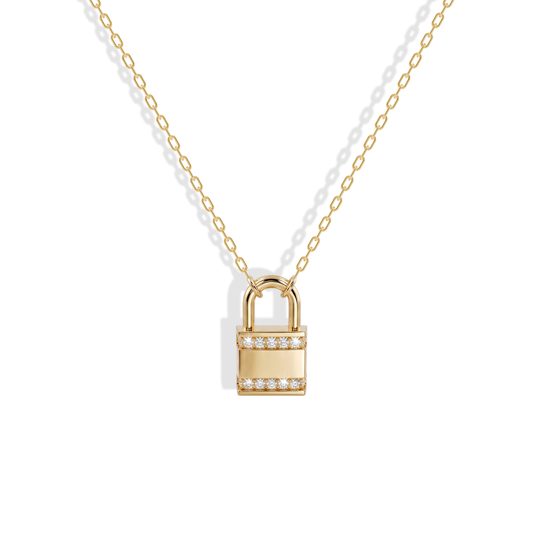 Stone Padlock Diamond Pendant Necklace 14K Gold / Silver photographed on white, a row of stones across the yellow gold lock