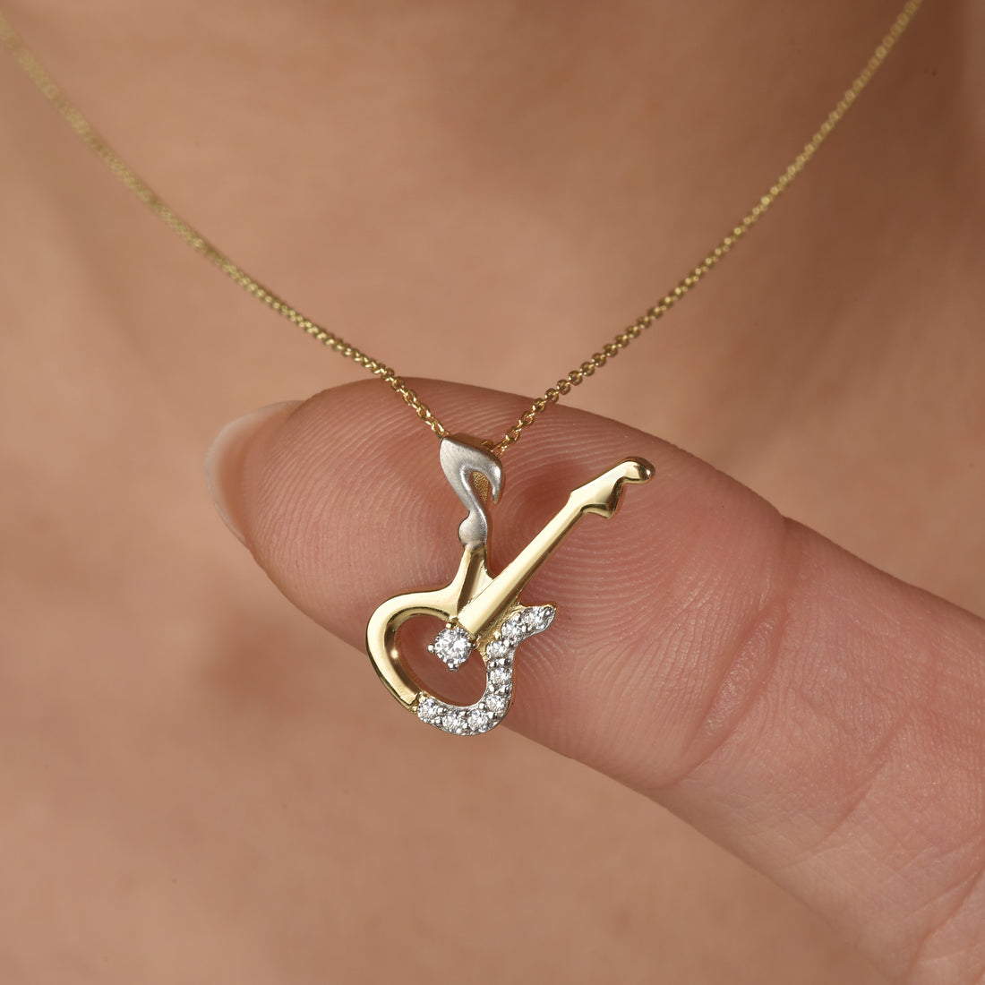 Gold rock guitar necklace with stone details, nickel free 14K gold and silver design
