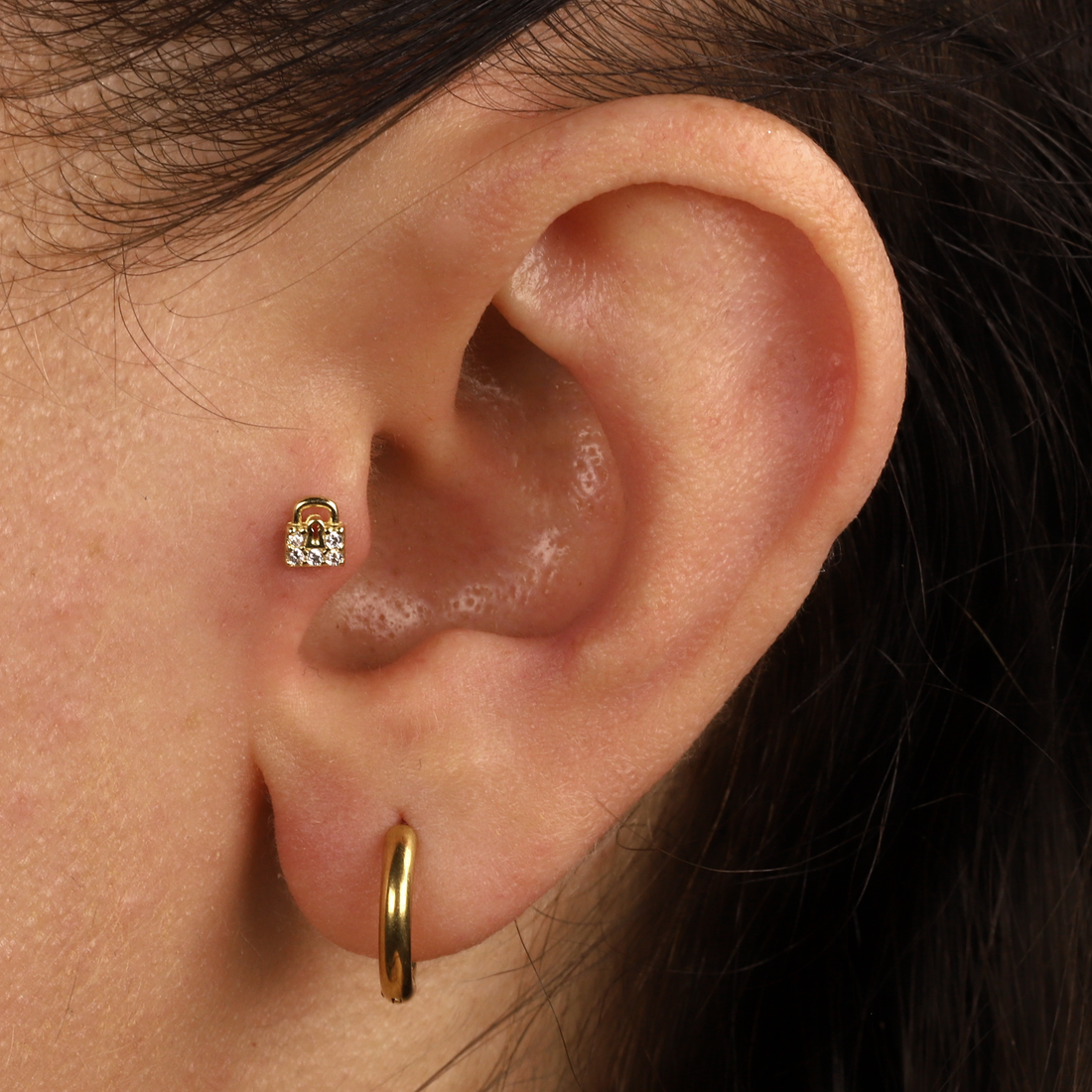 14K Gold Stone Lock Flatback Piercing with CZ Stone