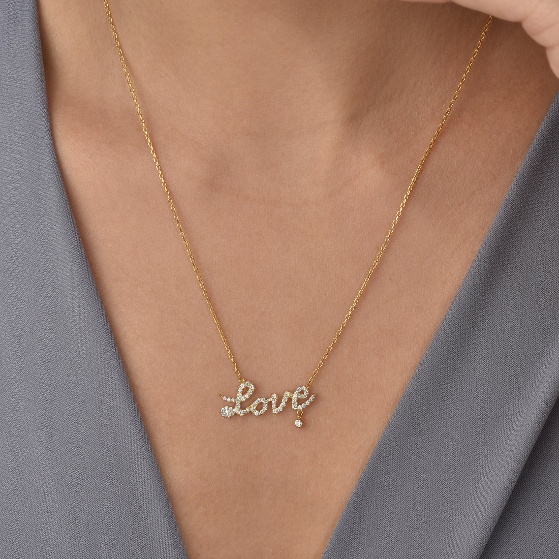 Stone Set Love Script Necklace 14K Gold / Silver – hand crafted love necklace 
