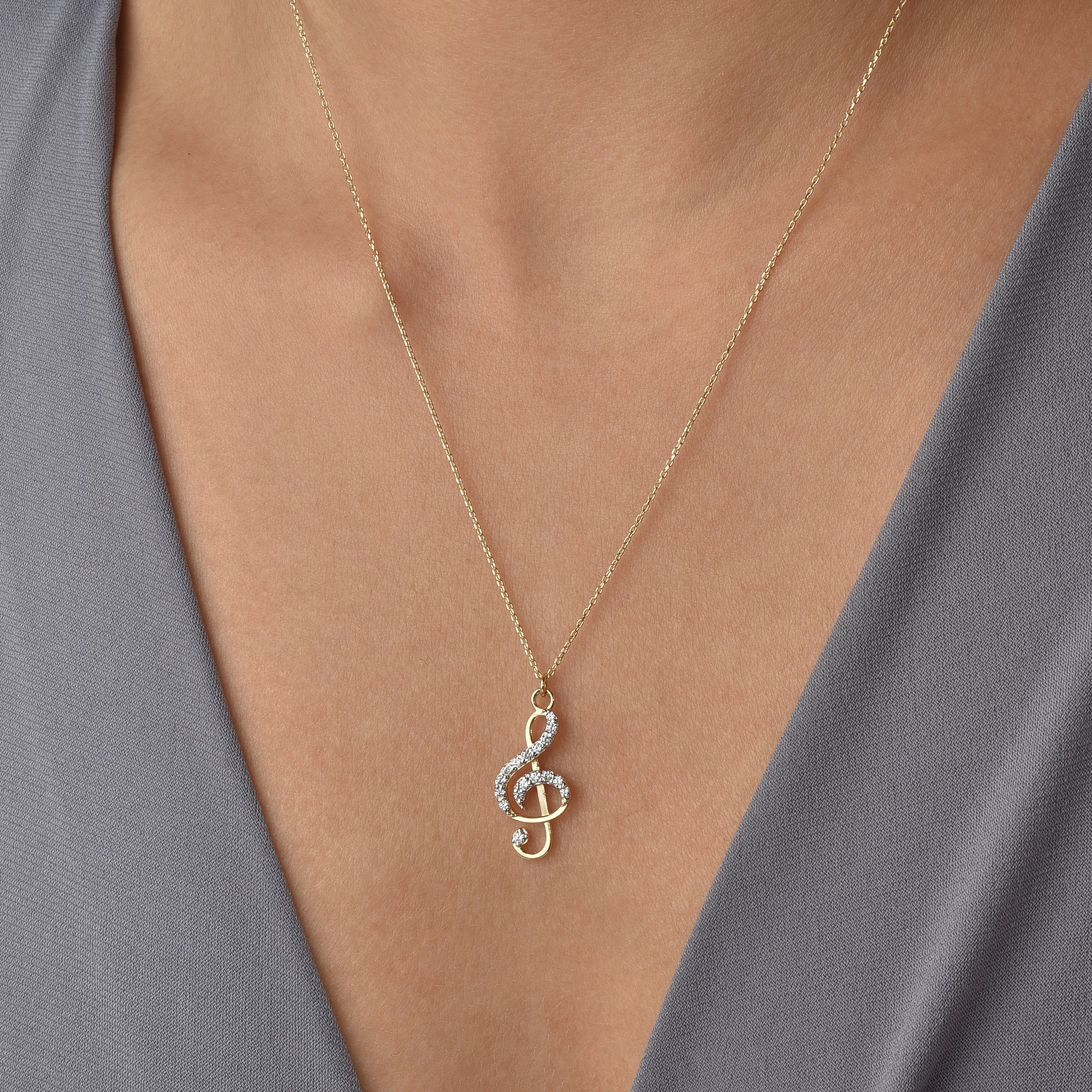 Stone Treble Clef Diamond Necklace 14K Gold / Silver