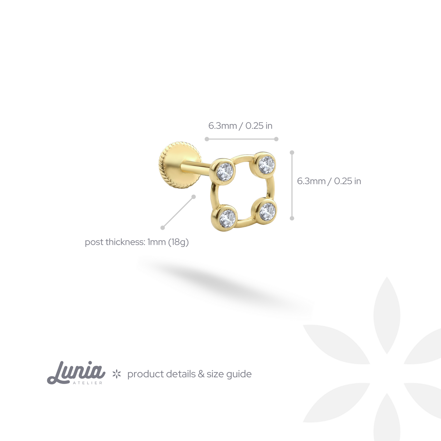 Stony Square Flatback Ear Piercing 14K Gold with CZ Stone
