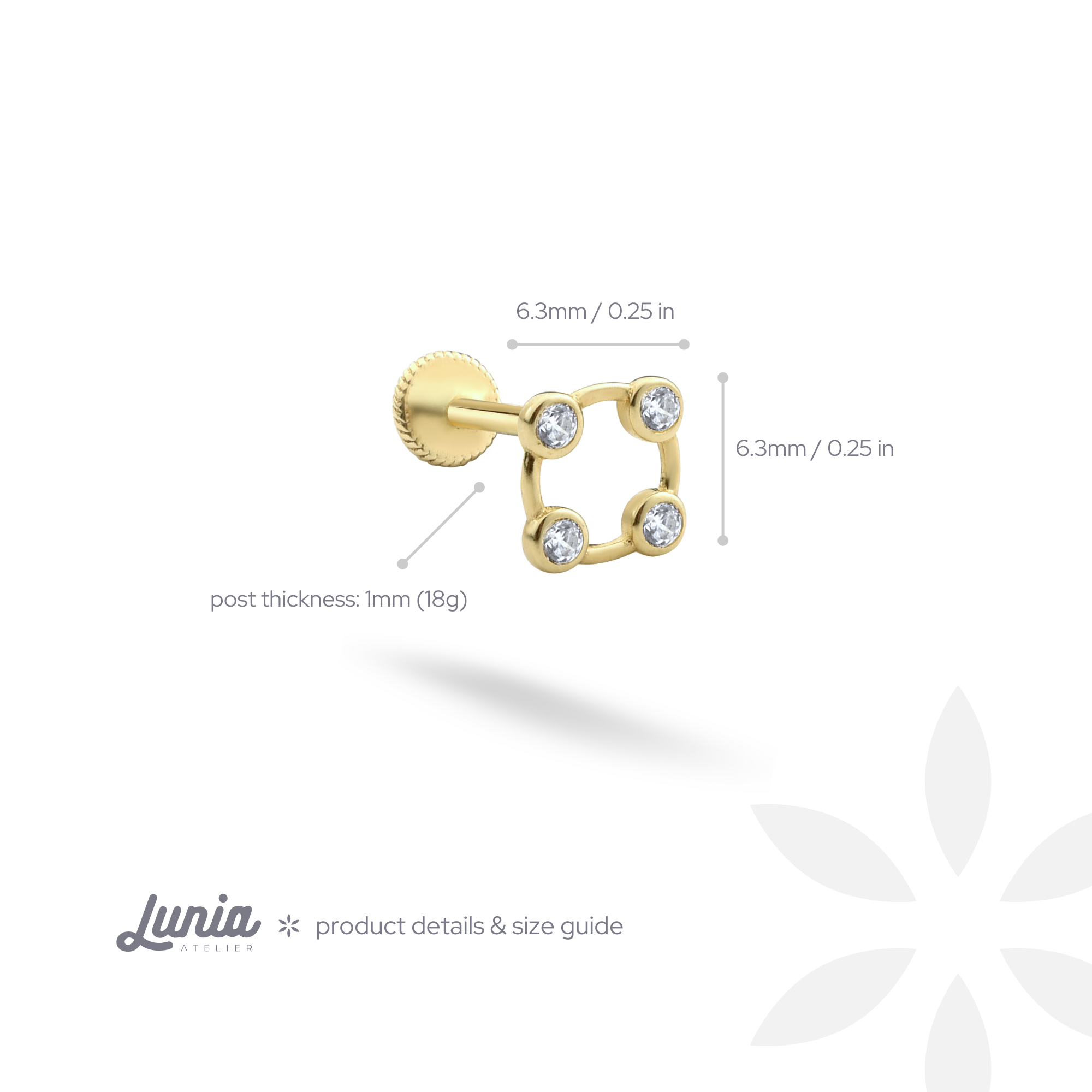 Stony Square Flatback Ear Piercing 14K Gold with CZ Stone