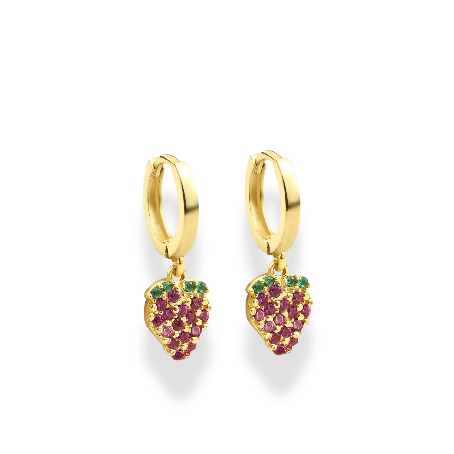 Strawberry Dangle Diamond Hoops Earrings 14K Gold