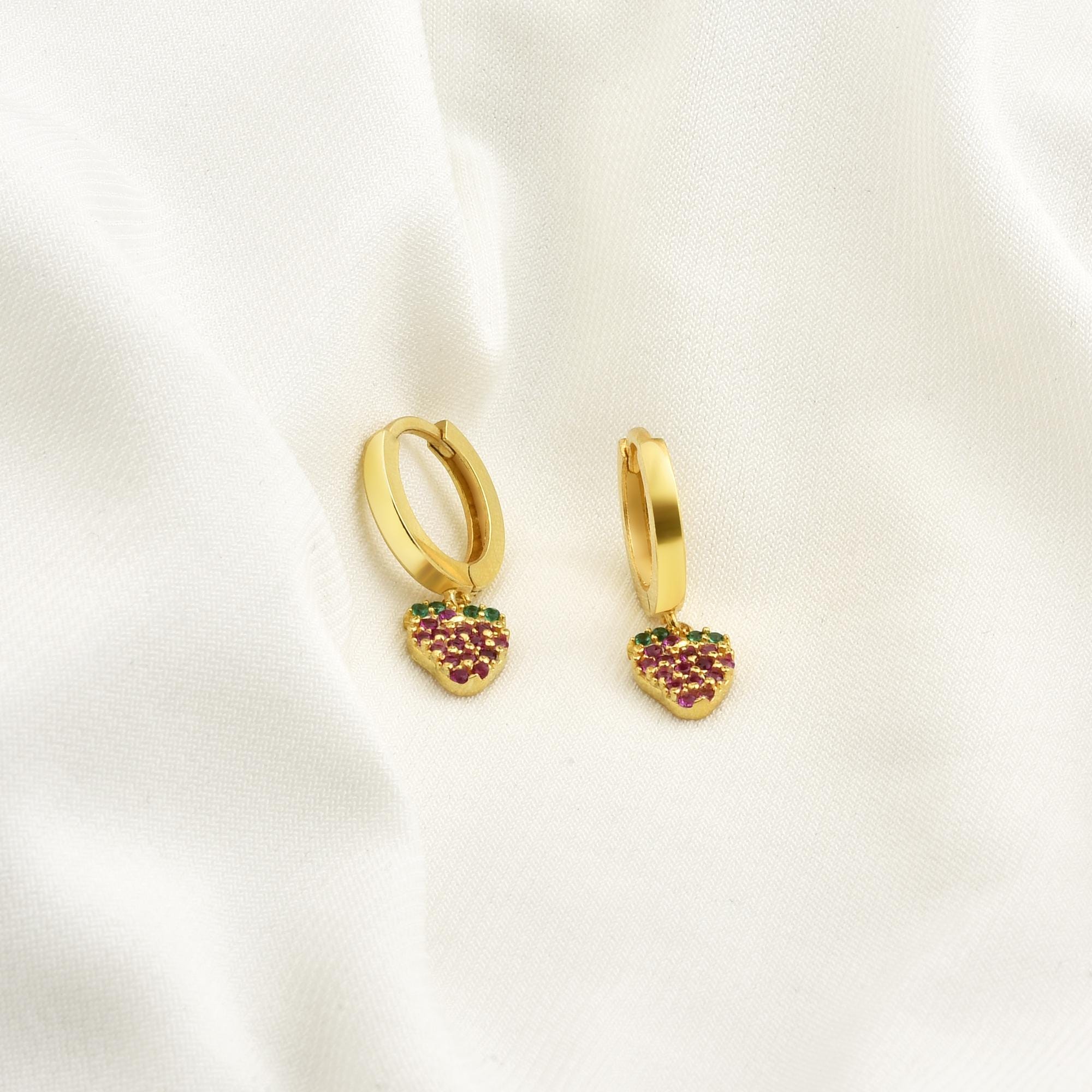 Strawberry Dangle Diamond Hoops Earrings 14K Gold