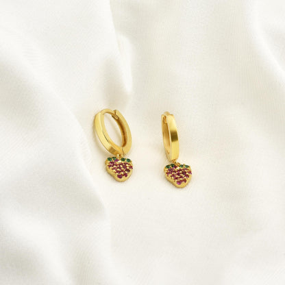 Strawberry Dangle Diamond Hoops Earrings 14K Gold
