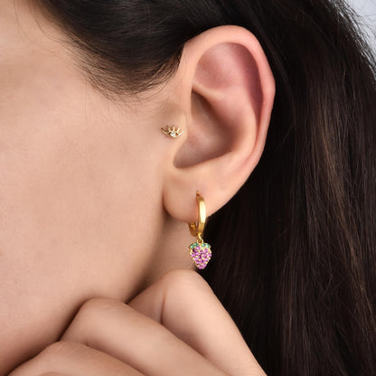 14K Gold Diamond Hoop Earrings with Strawberry Dangle
