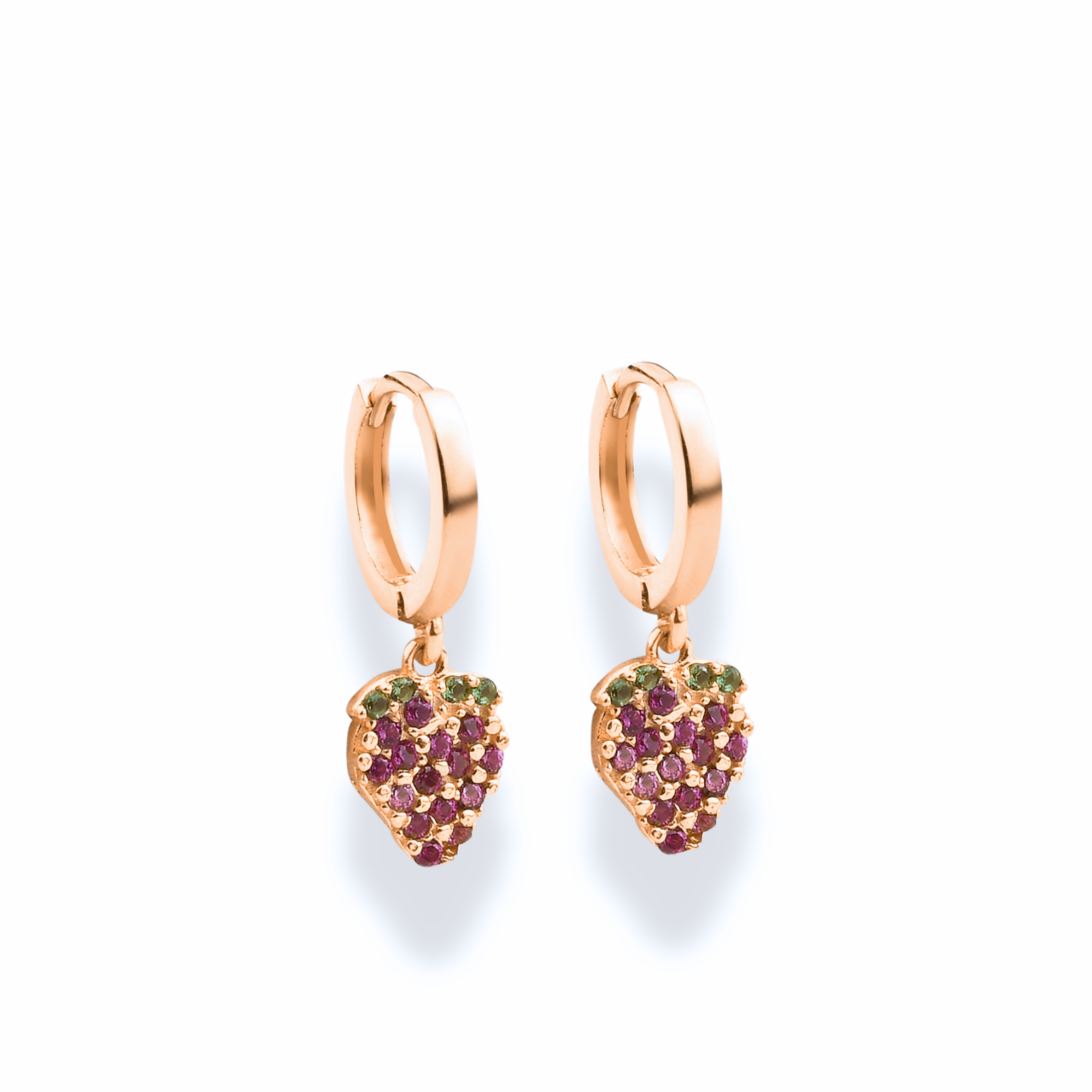 Strawberry Dangle Diamond Hoops Earrings 14K Gold