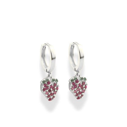 Strawberry Dangle Diamond Hoops Earrings 14K Gold