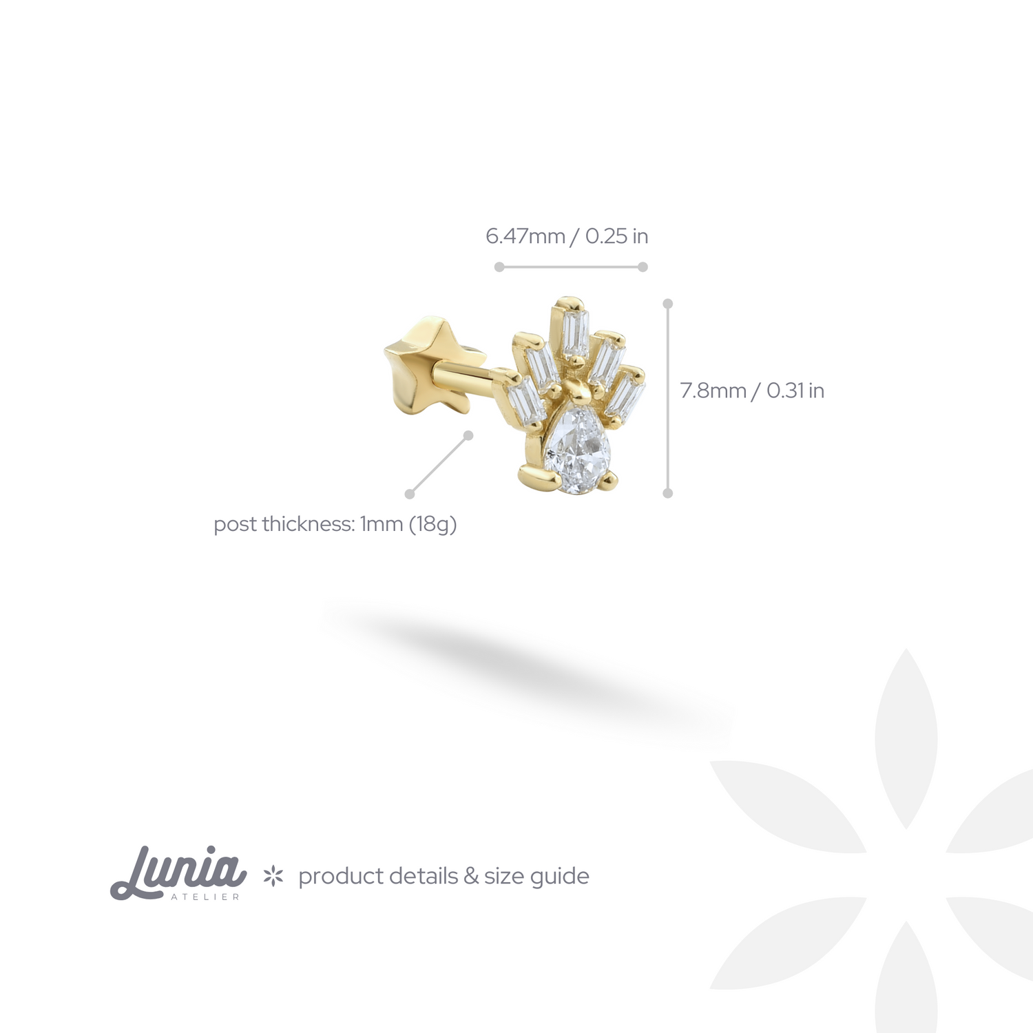 Sunbeam Flatback Ear Piercing 14K Gold with CZ Stone