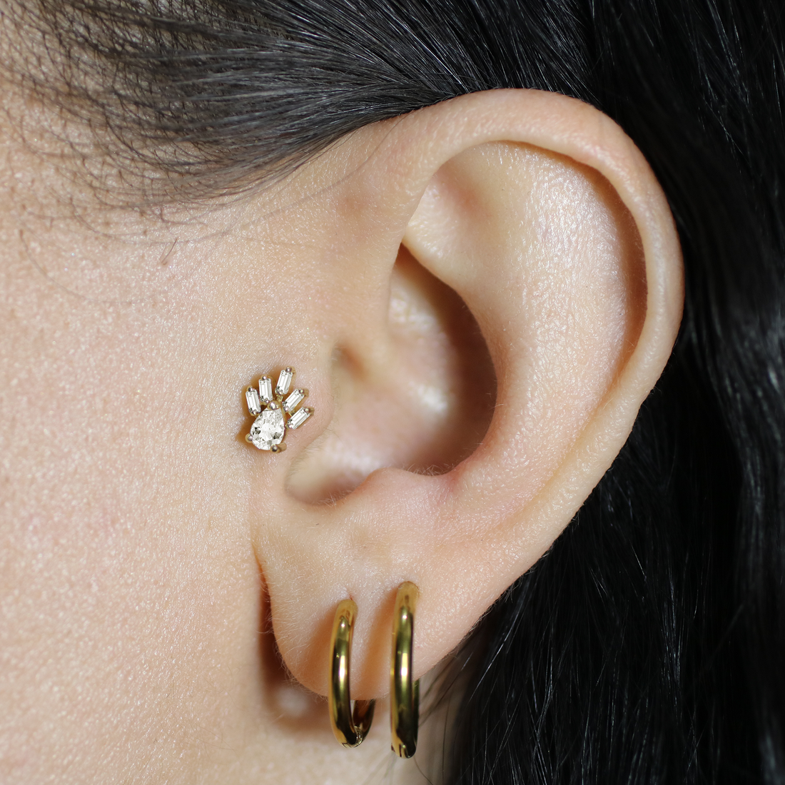 Golden Ray Flatback Ear Piercing 14K Gold with CZ Stone