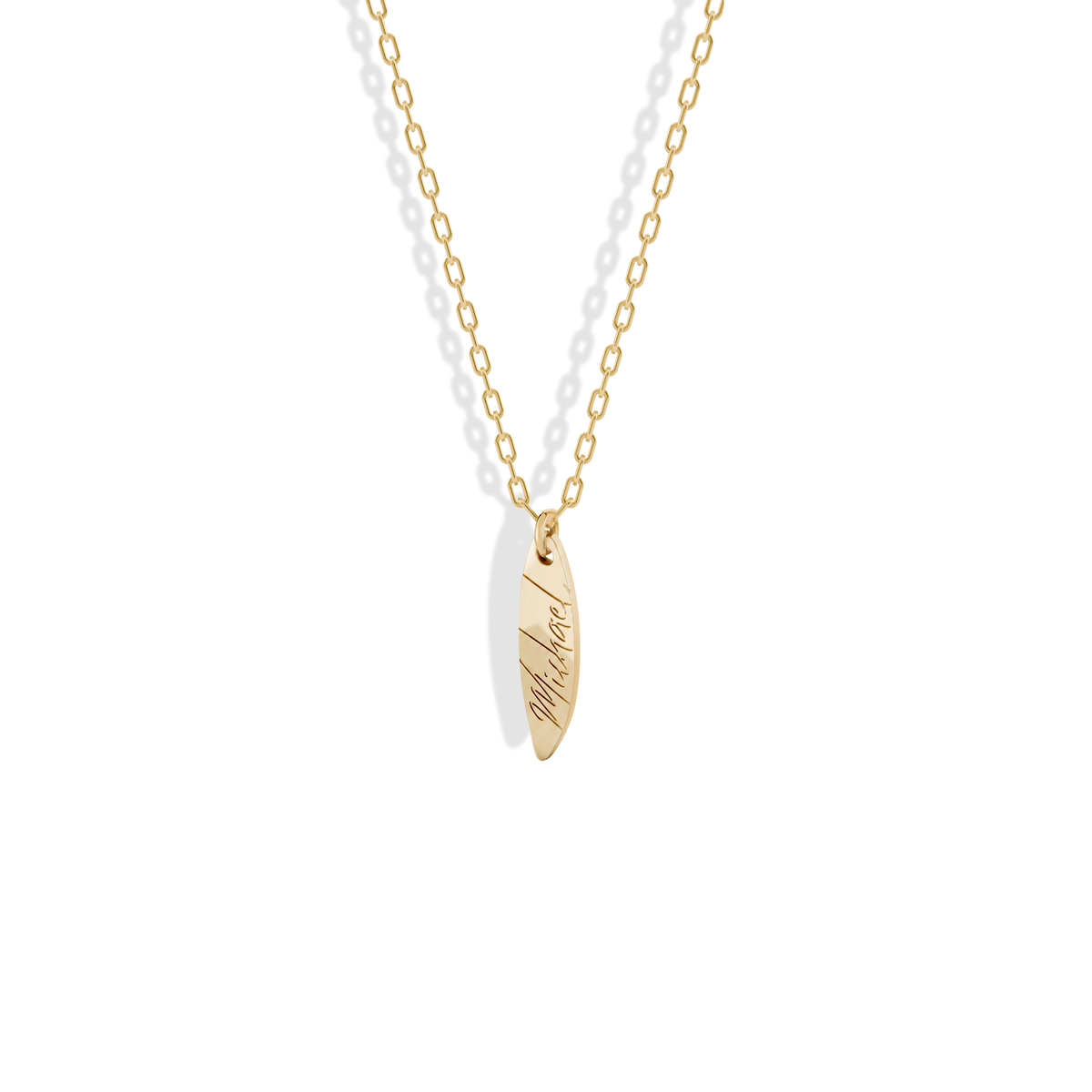 Surfboard Name Custom Necklace 14K Gold / Silver, lettering running the length of a yellow gold board