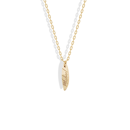 Surfboard Name Custom Necklace 14K Gold / Silver, lettering running the length of a yellow gold board