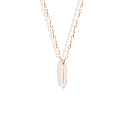 Rose gold surfboard on a fine chain, a sunset shade of 14K gold