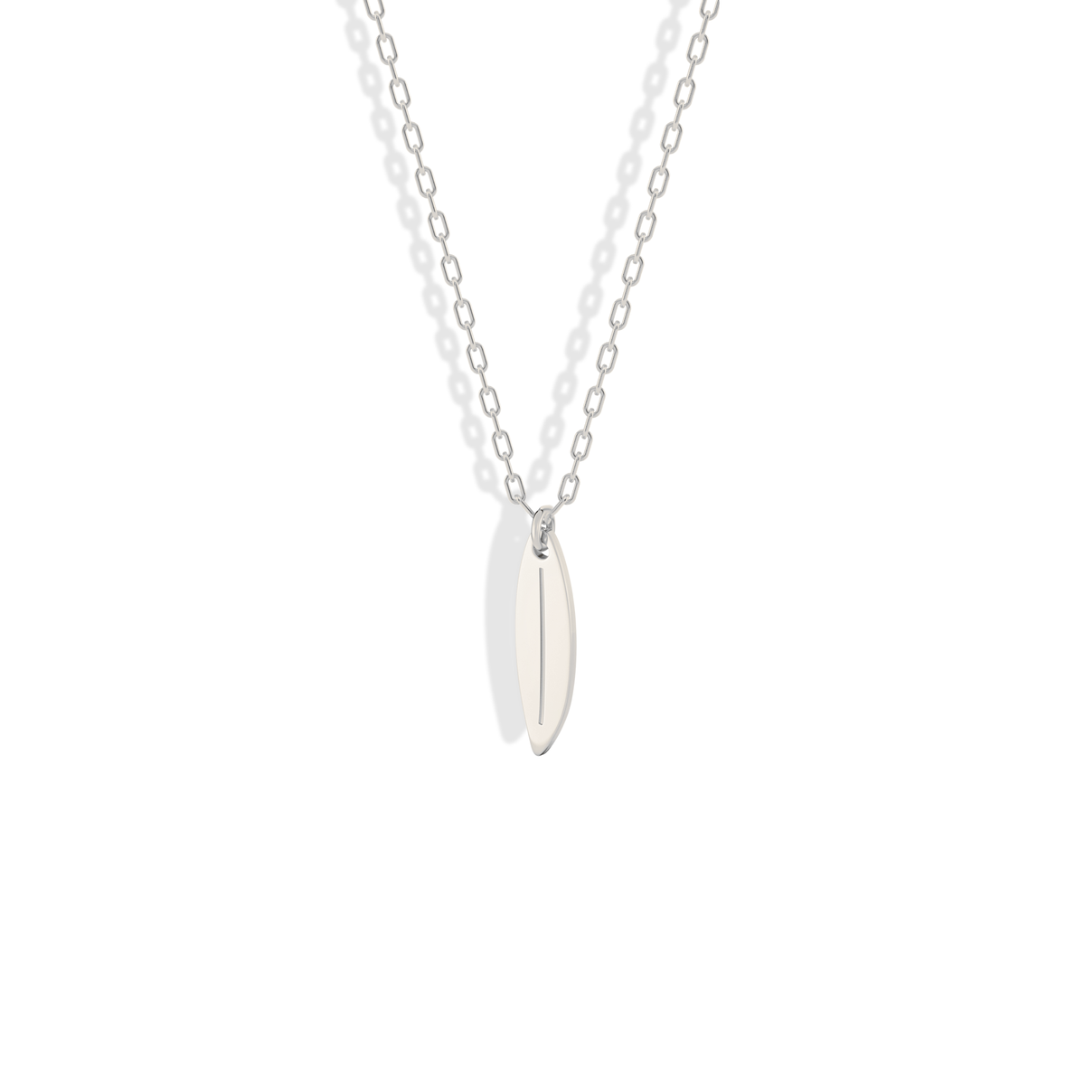 Clean white gold surfboard charm, cool toned for summer layering