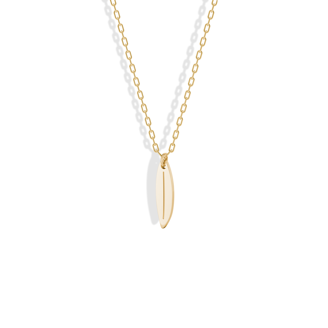Studio shot of the Surfboard Pendant Necklace 14K Gold / Silver, a narrow yellow gold board hanging point down