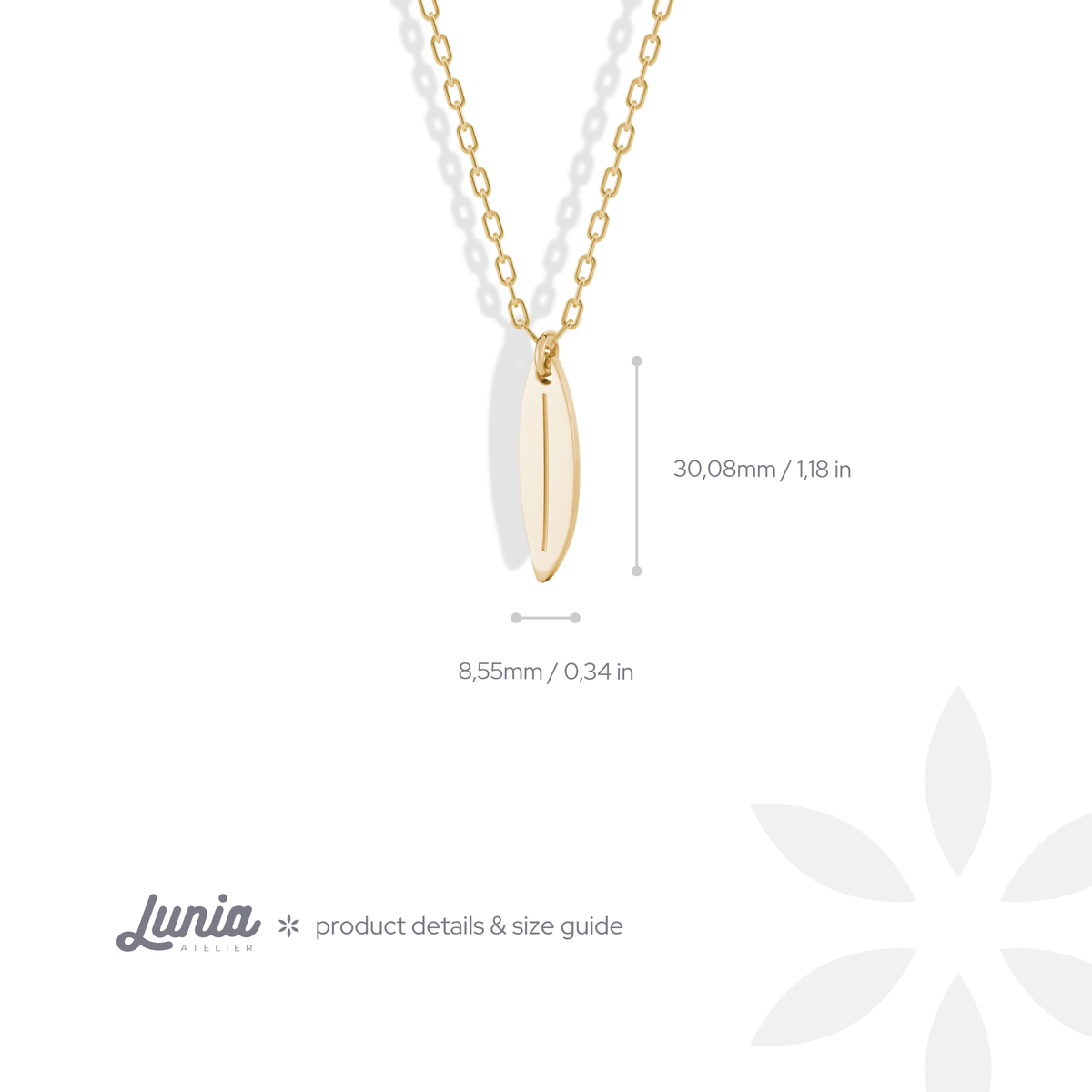 30.08 mm long and 8.55 mm at its widest: surfboard pendant size guide