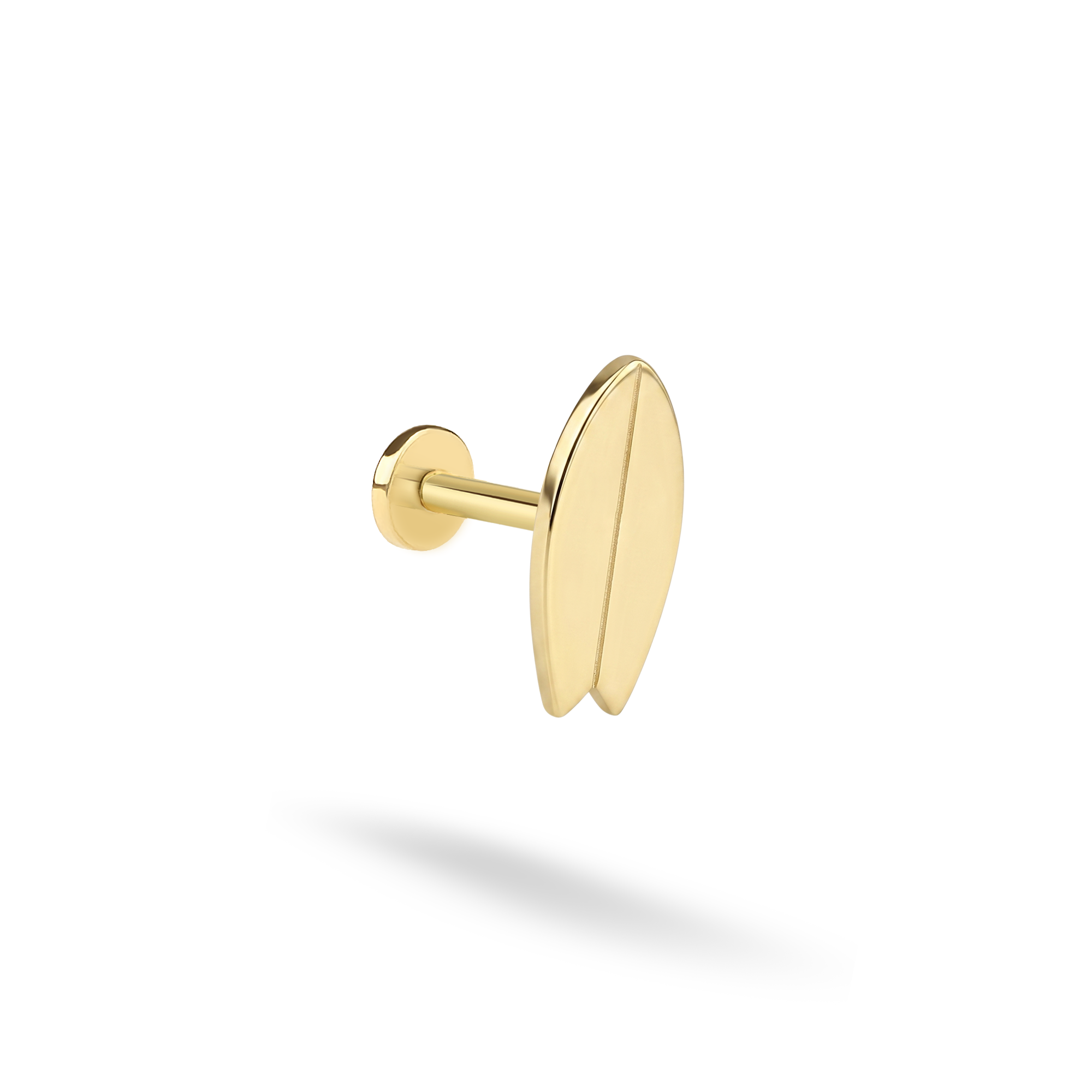 Surfboard Flatback Ear Piercing 14K Gold / Silver. Hand Made surfer piercing inspired by the ocean. Perfect surf jewelry for everyday beach style.