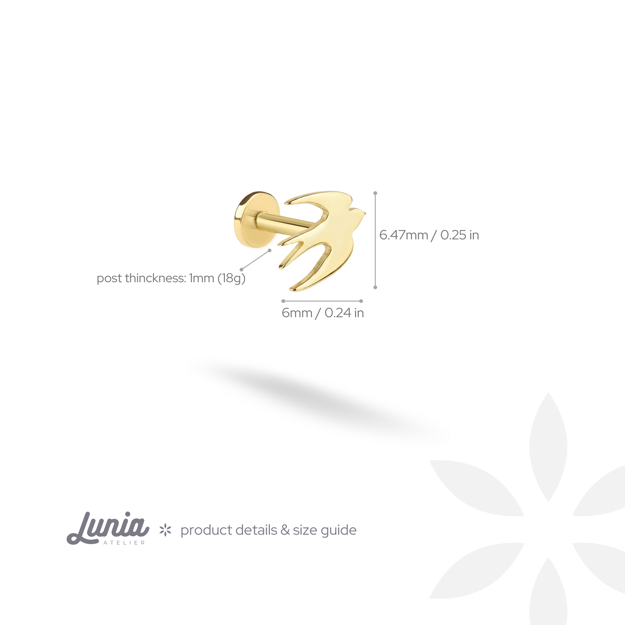 Swallow Flatback Ear Piercing 14K Gold / Silver