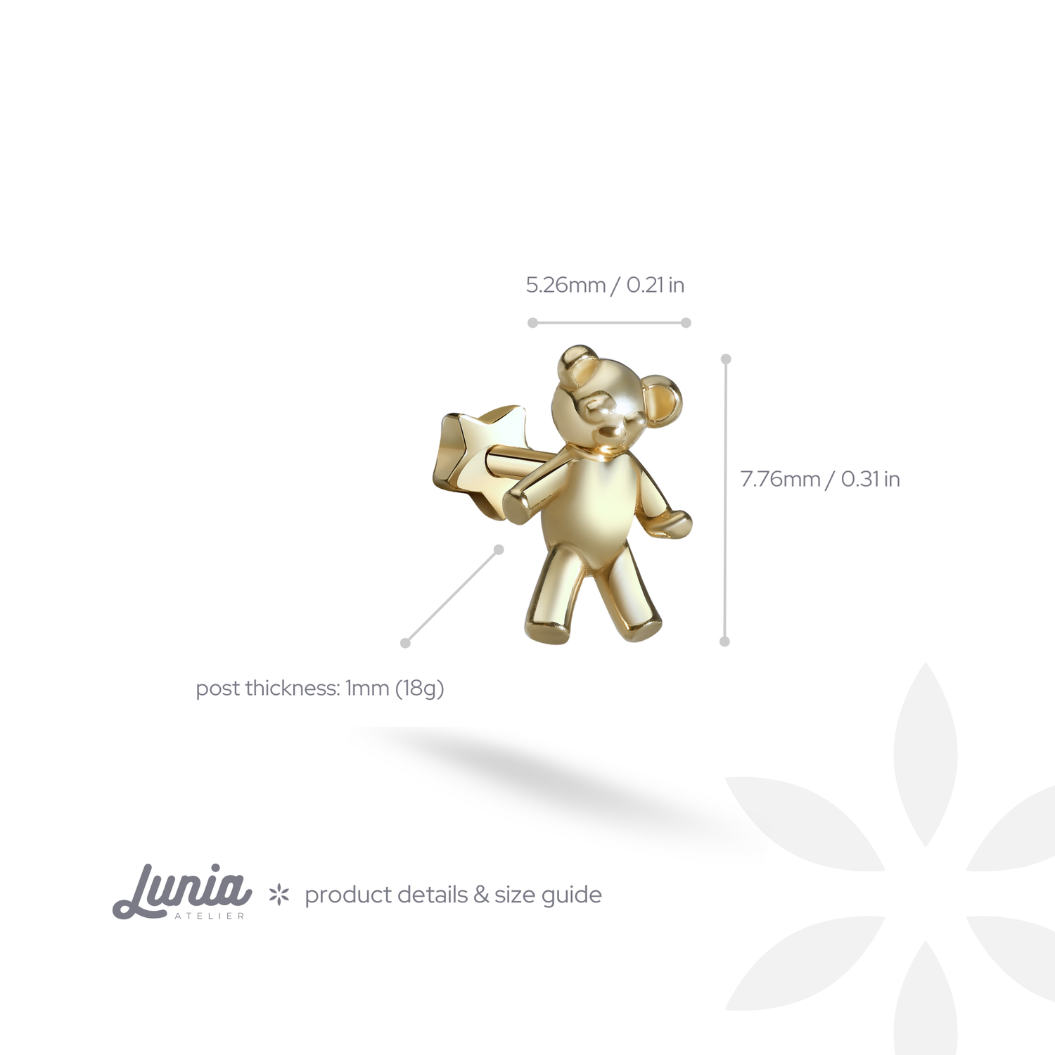 Teddy Bear Flatback Ear Piercing 14K Gold