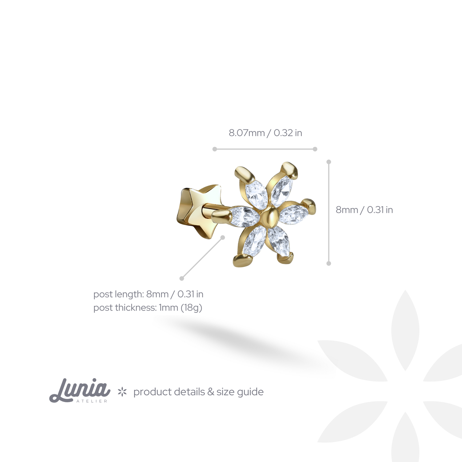 Star Flower Straight Ear Piercing 14K Gold CZ Stone