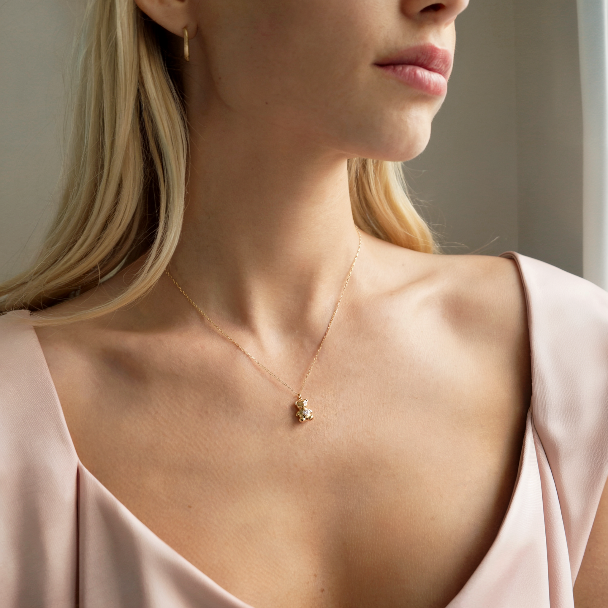 Teddy Bear Heart Stone Pendant Custom Necklace 14K Gold / Silver