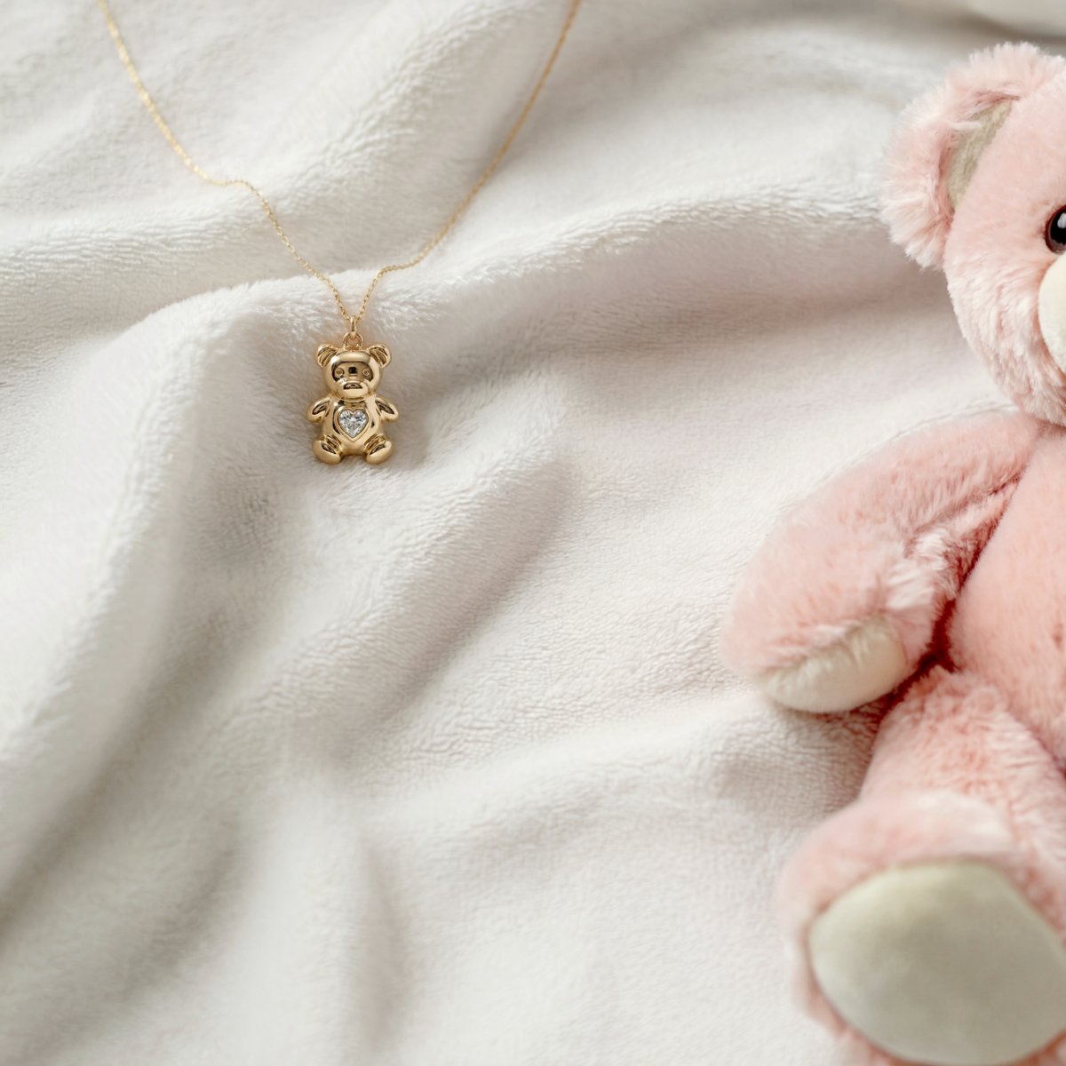 Teddy bear heart stone pendant necklace in 14K gold, a thoughtful gift for a sibling or best friend