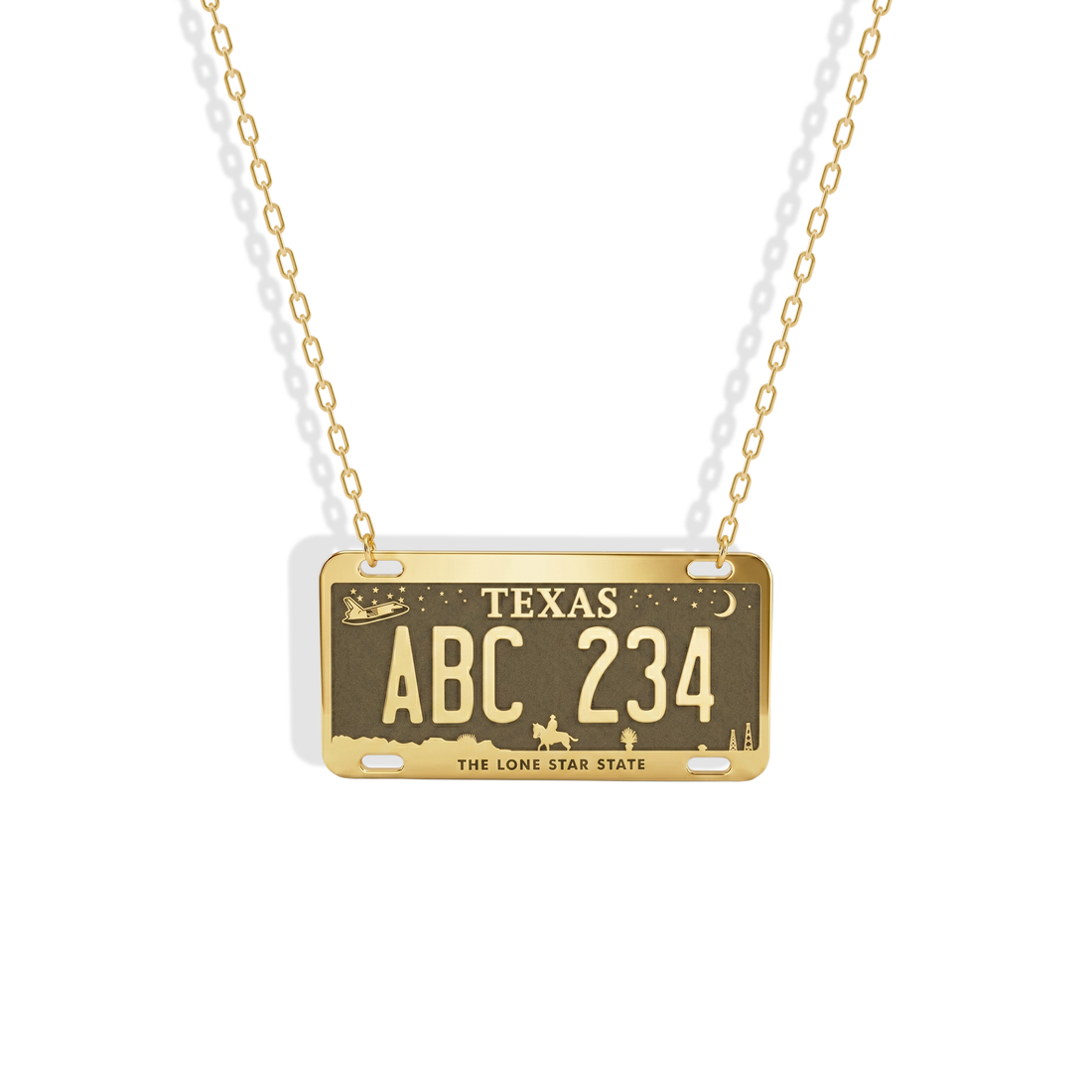 Celebrate your story with the Texas Car License Plate Custom Necklace 14K Gold / Silver, a personalized piece inspired by iconic Texas license plates