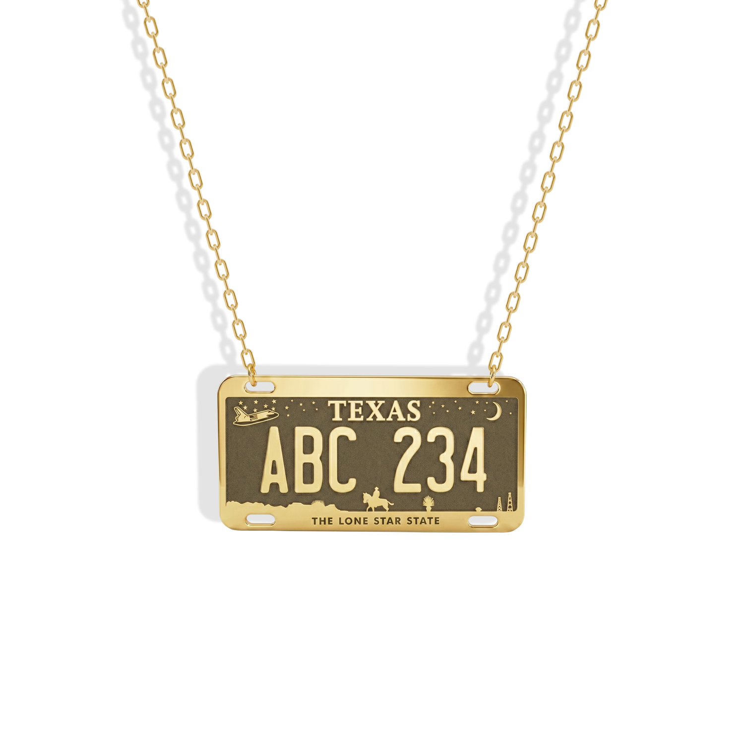 Celebrate your story with the Texas Car License Plate Custom Necklace 14K Gold / Silver, a personalized piece inspired by iconic Texas license plates
