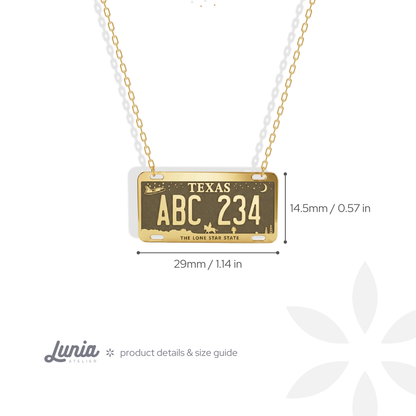 Texas Car License Plate Custom Necklace 14K Gold / Silver