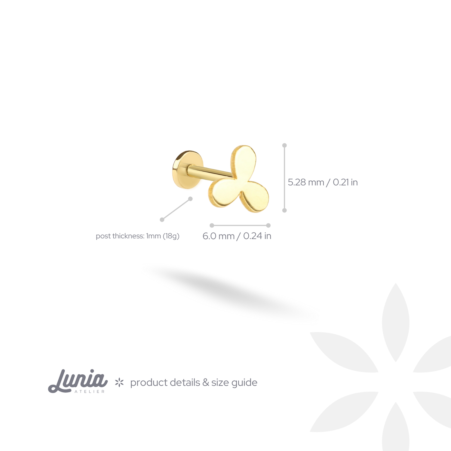 Three Leaf Clover Flatback Ear Piercing 14K Gold