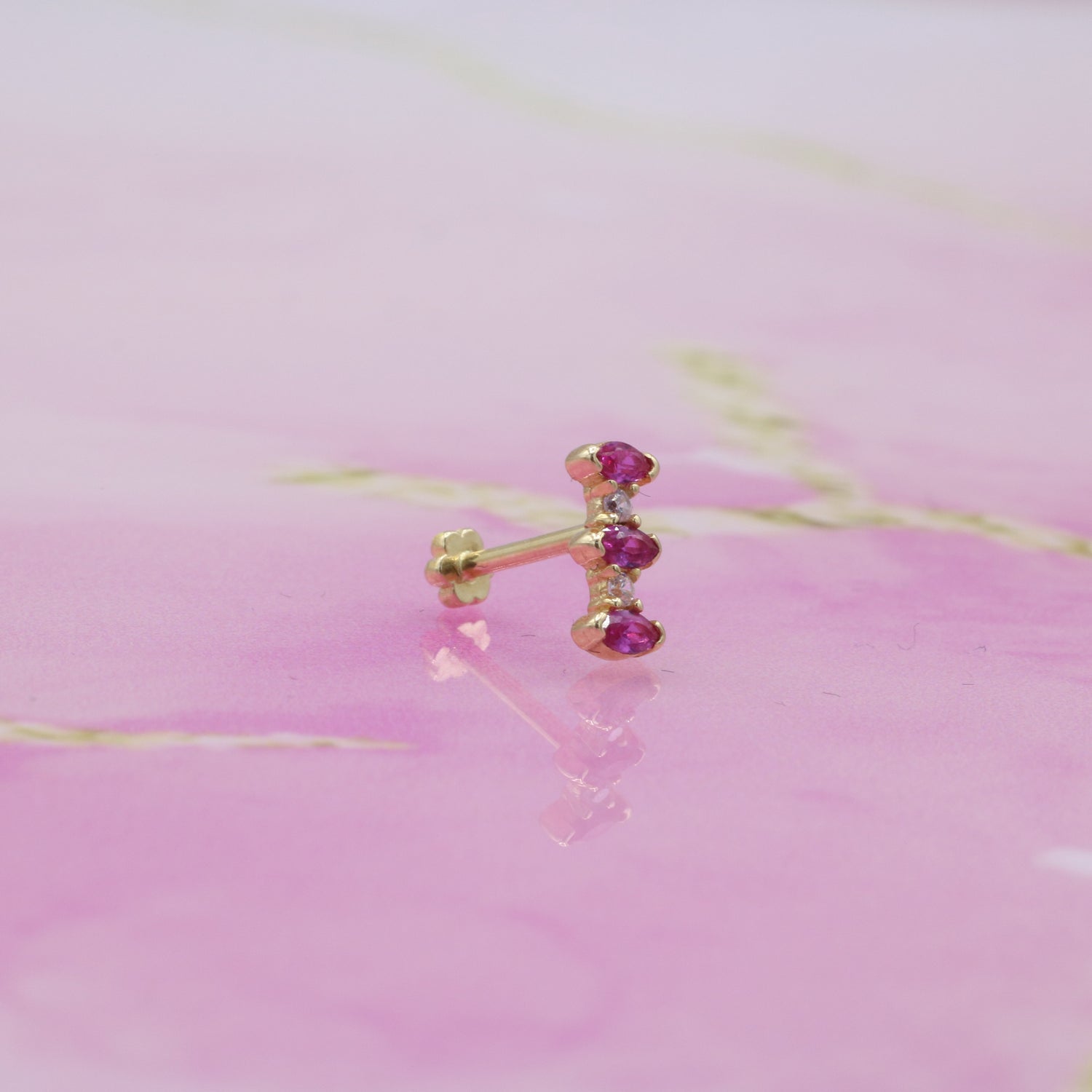 Three Pinks Flatback Ear Piercing 14K Gold with CZ Stone