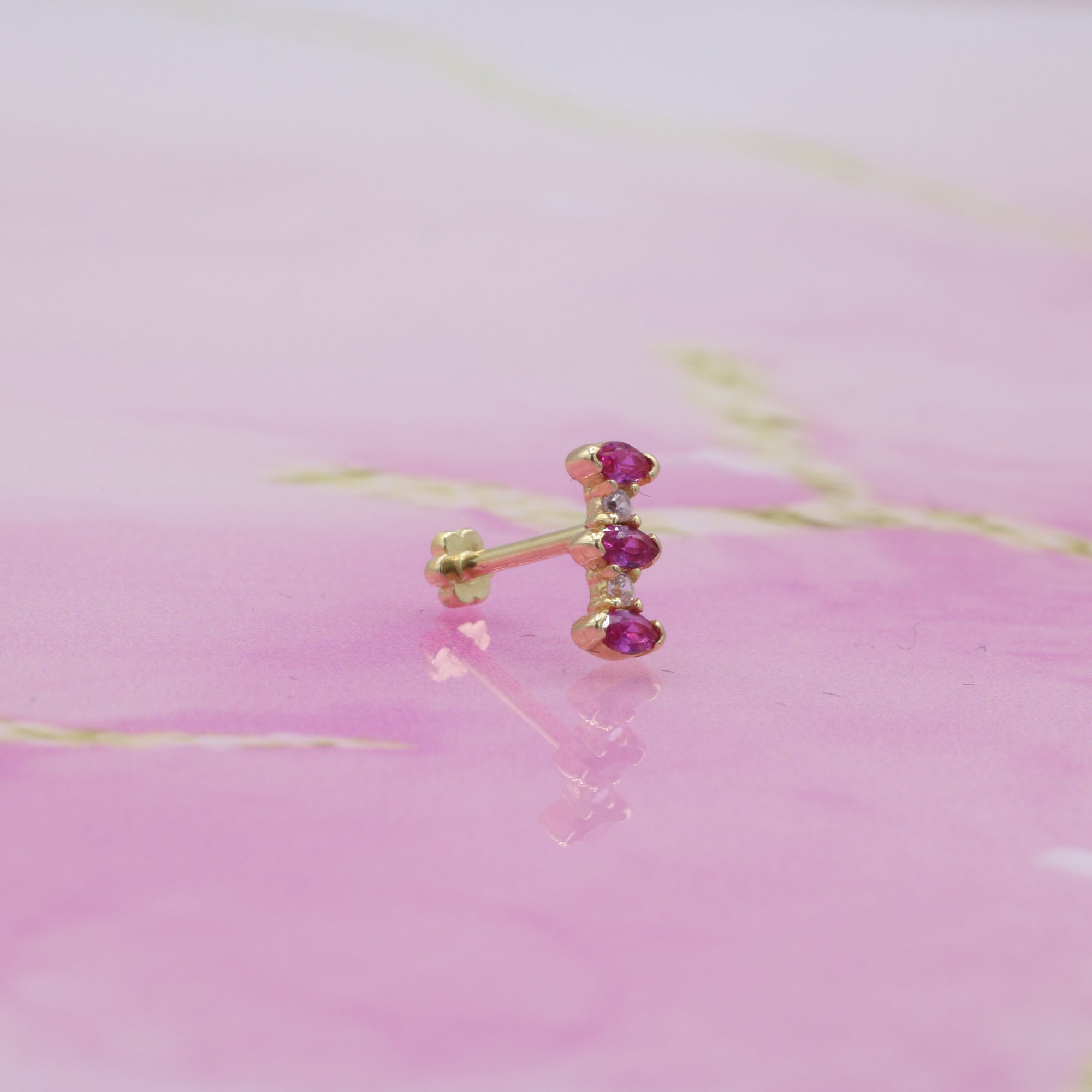 Three Pinks Flatback Ear Piercing 14K Gold with CZ Stone