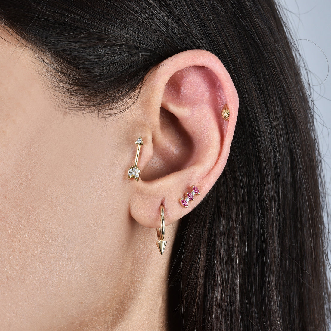 Three Pink Stones Flatback Ear Piercing 14K Gold with CZ Stone







