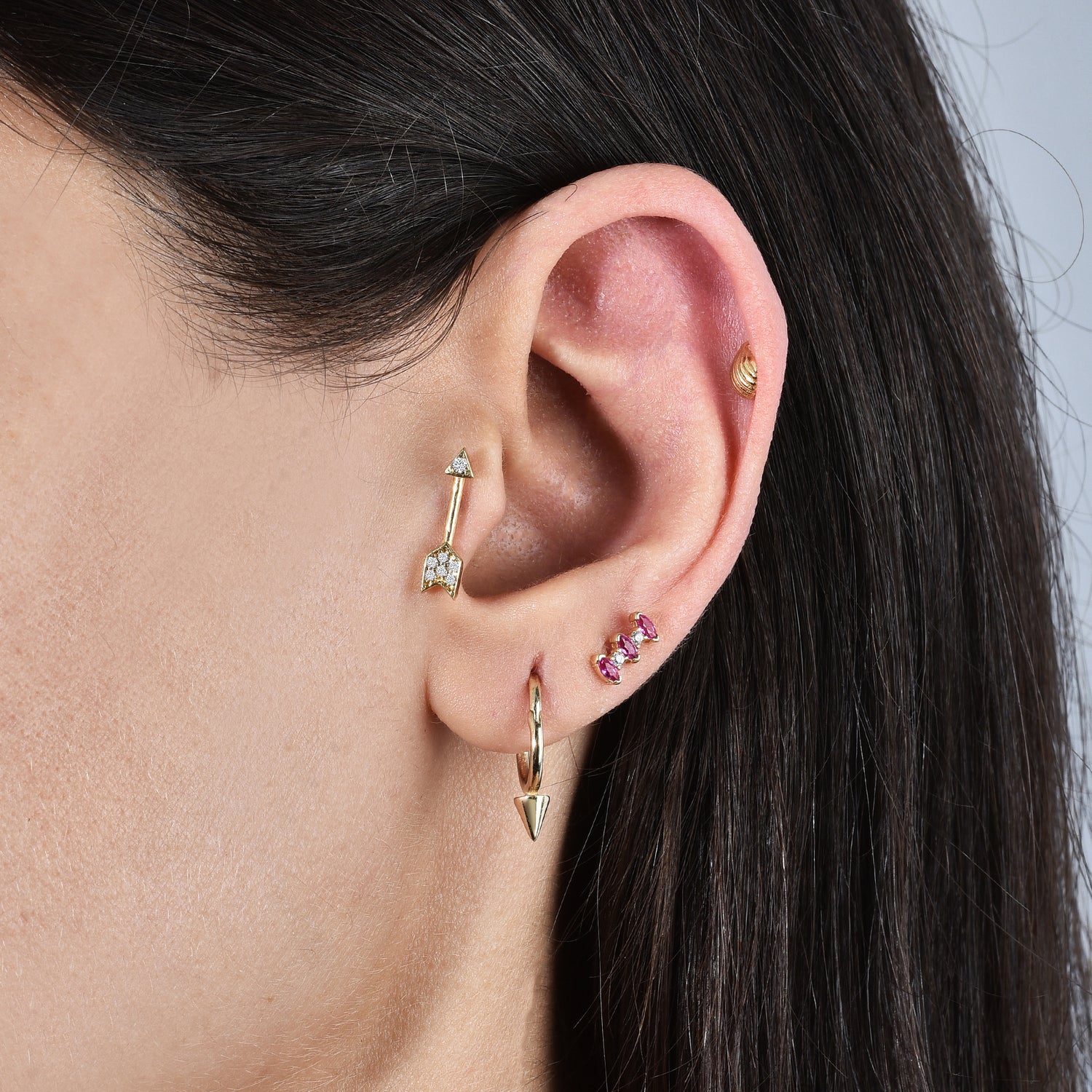 Three Pink Stones Flatback Ear Piercing 14K Gold with CZ Stone






