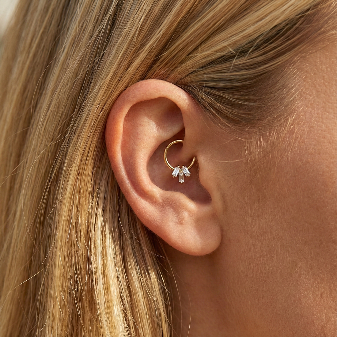 Three Rectangles Hoop Ear Piercing in 14K gold with Diamond CZ stone