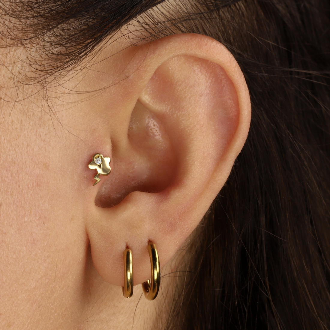 CZ Stone Lightning Flatback Ear Piercing in 14K Gold