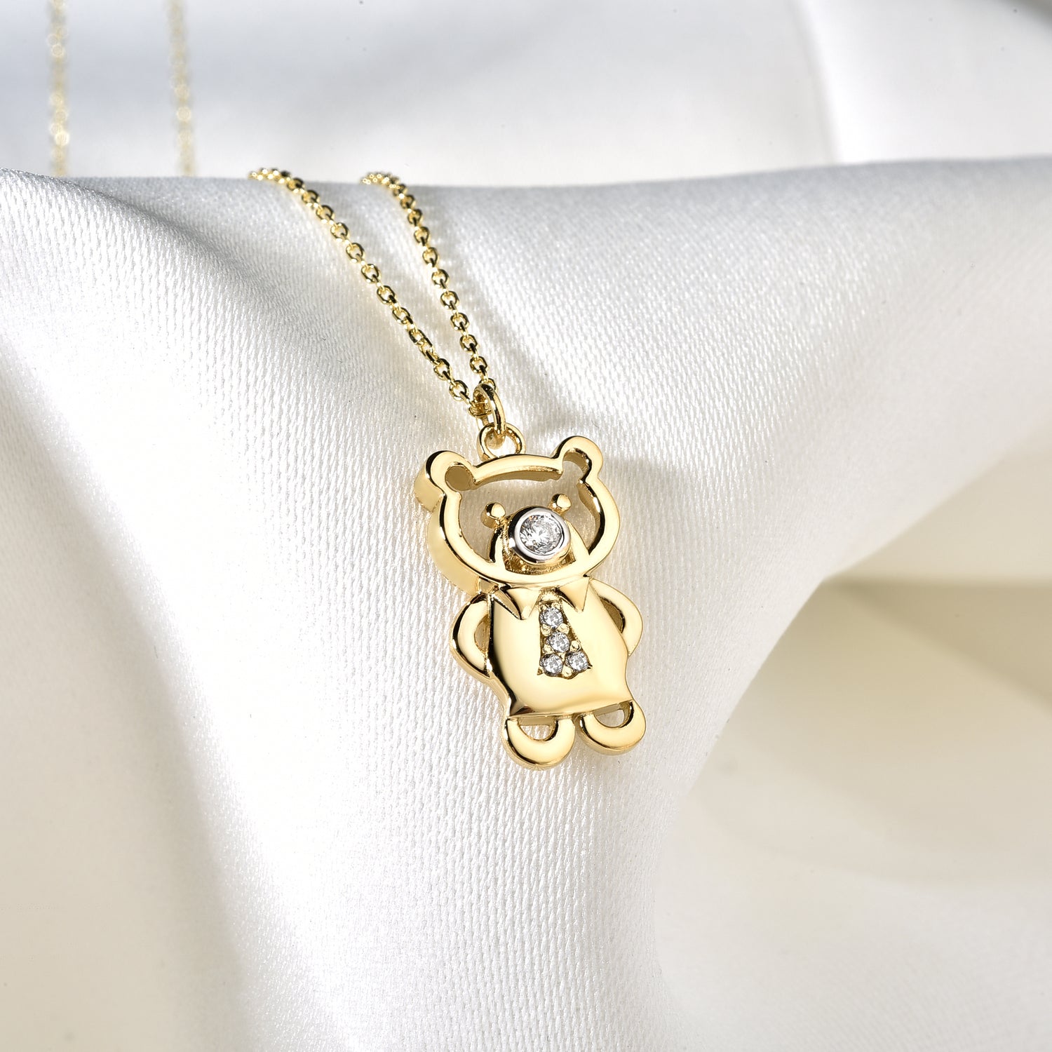 Tie Teddy Bear Diamond Necklace 14K Gold / Silver