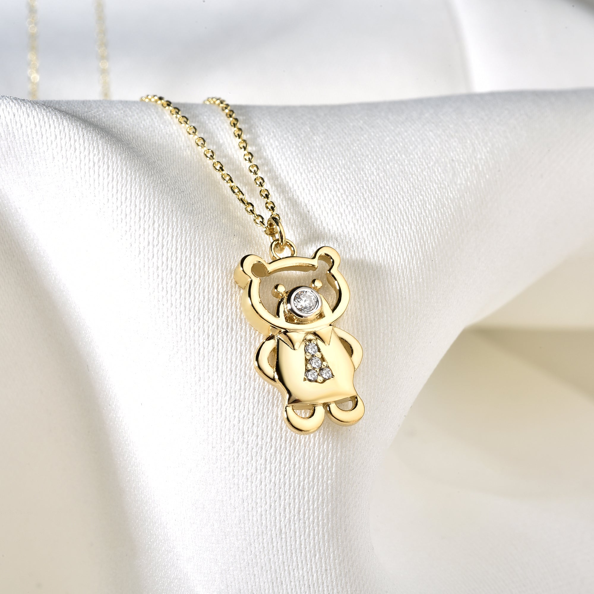 Tie Teddy Bear Diamond Necklace 14K Gold / Silver
