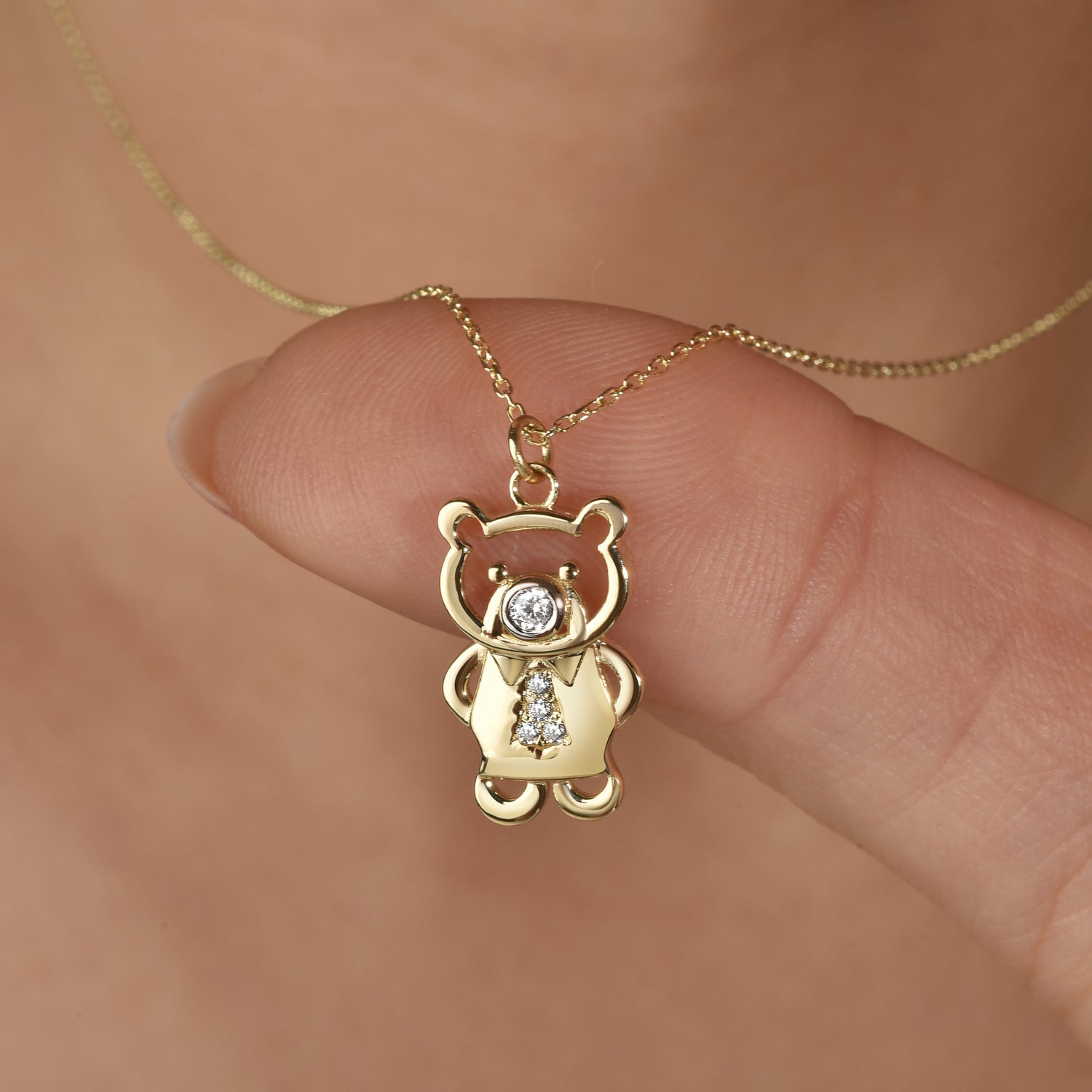 Nickel free Tie Teddy Bear Necklace 14K Gold / Silver teddy bear pendant animal jewelry close-up