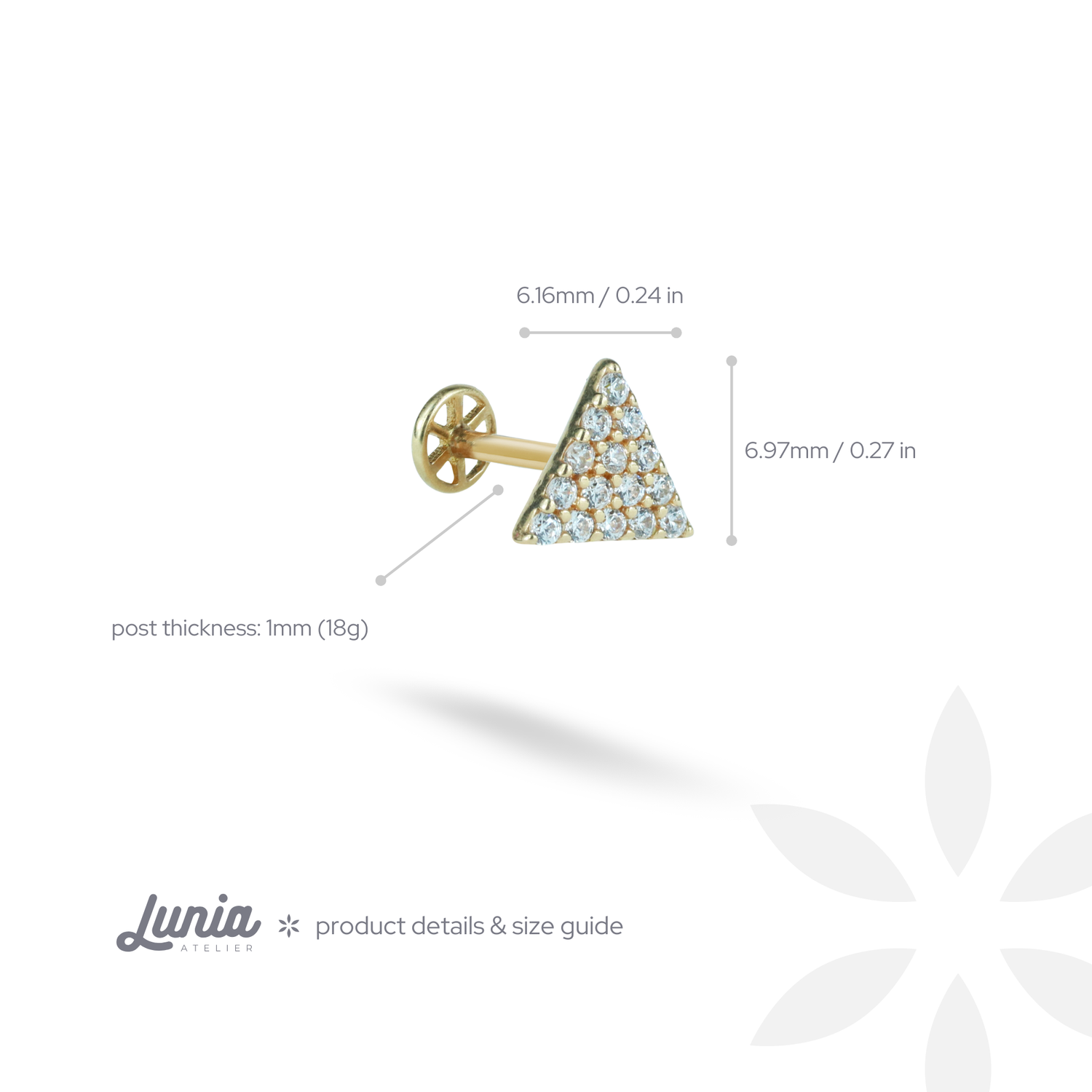 Triangle Flatback Ear Piercing 14K Gold with CZ Stone
