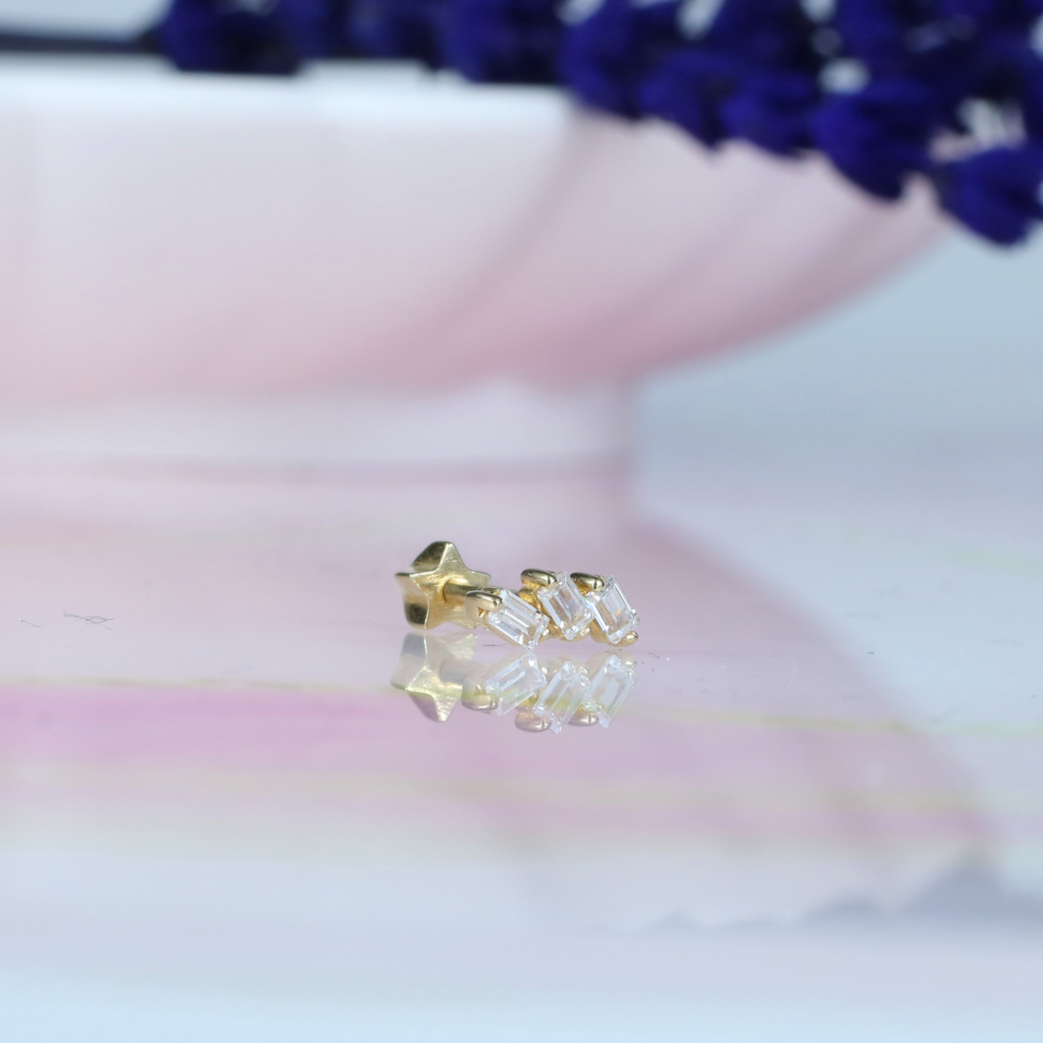 Triple Baguette Flatback Ear Piercing 14K Gold with CZ Stone