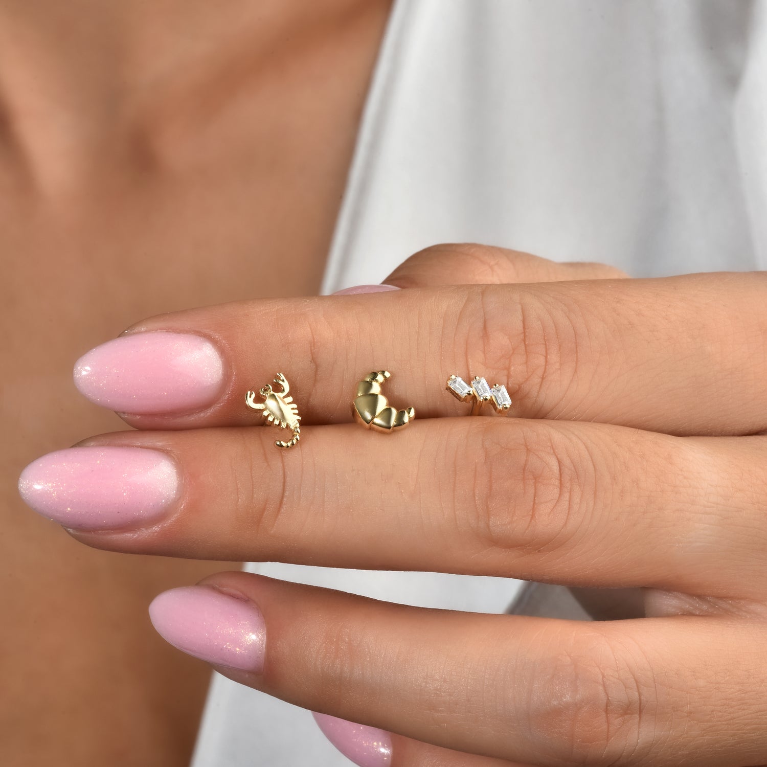 Triple Baguette Flatback Ear Piercing 14K Gold with CZ Stone