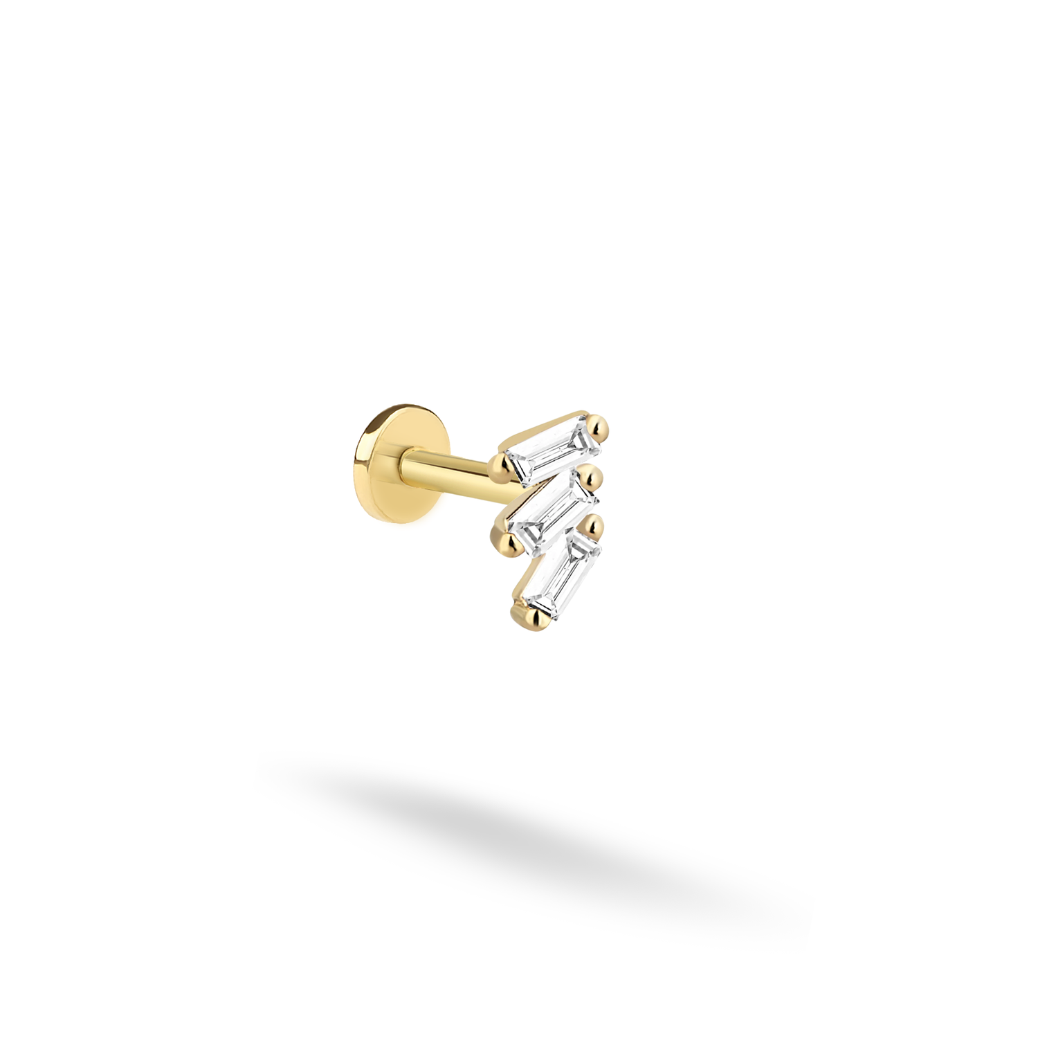Triple Baguette Diamond Stone CZ Flatback Ear Piercing 14K Gold